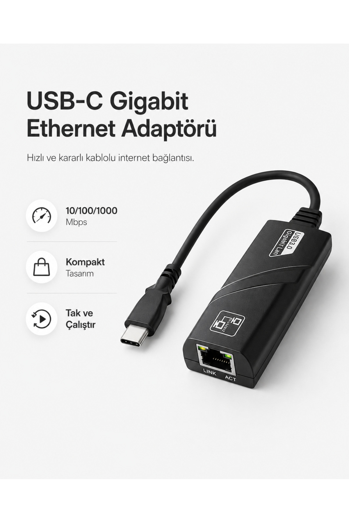 USB-C to Ethernet Dönüştürücü Adaptör Gigabit RJ45 Lan İnternet Kablosu Çevirici 1000 Mbps Hızlı Kararlı Bağlantı Type C Macbook PC