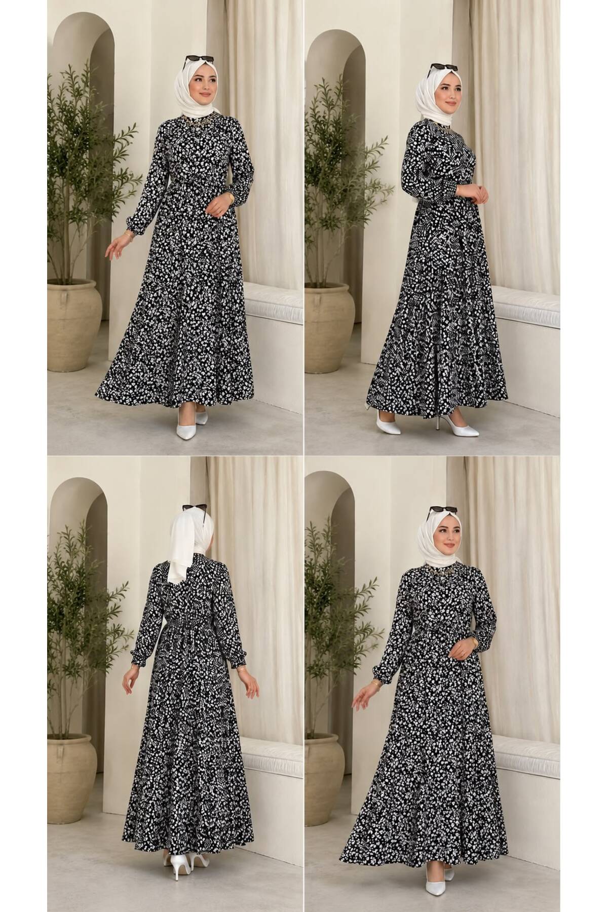 HANEDAN TESETTÜR HAKİM YAKA YARIM DÜĞMELİ BELİ BAĞLAMALI ÇITIR DESENLİ TESETTÜR VİSKON ELBİSE görsel 2