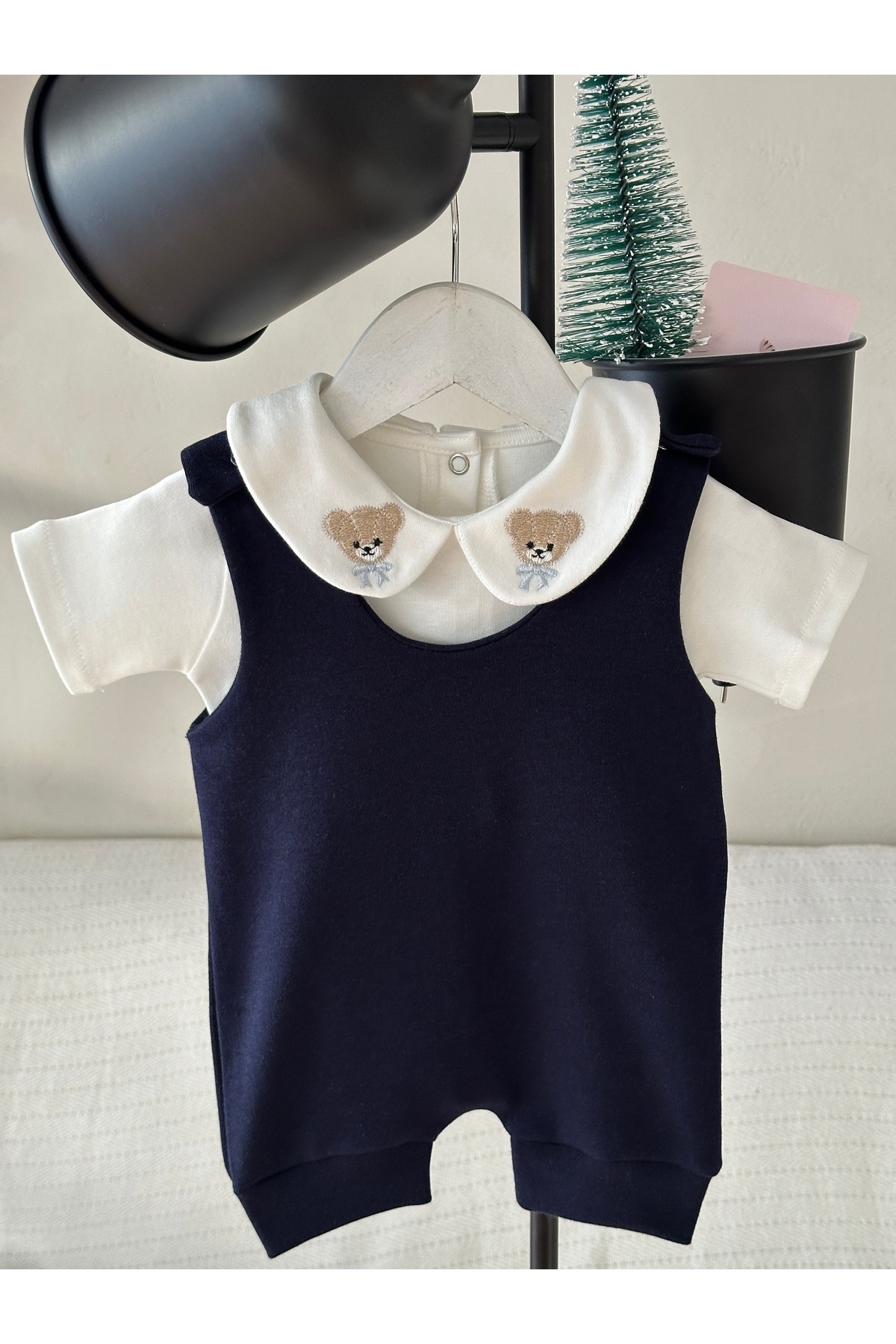 Mama Miel Baby Men's Bear Embroidered Collar Detailed Bodysuit and Navy Blue Combed Cotton Baby Salopet Set 100% Cotton
