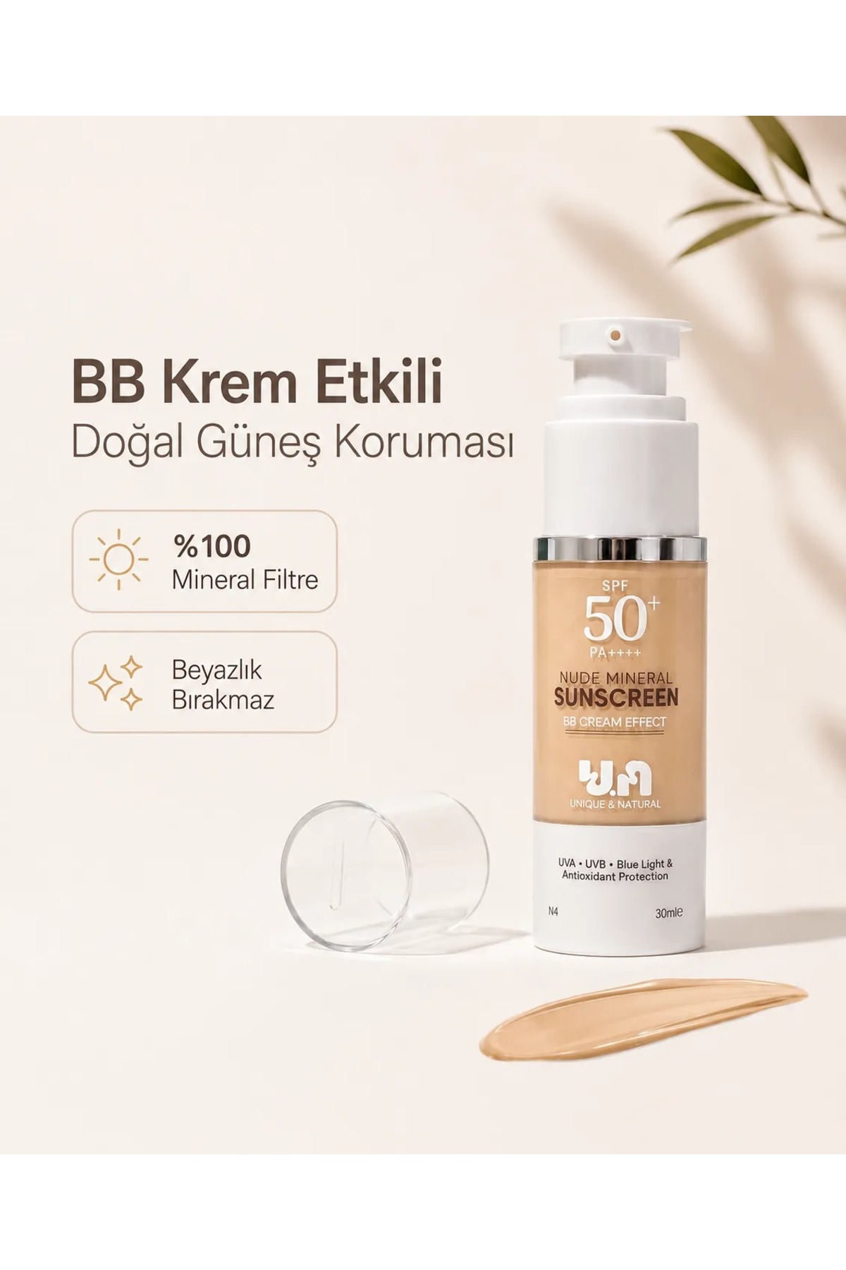 UN Unique & Natural BB Krem Etkili %100 Mineral Filtreli Nude Güneş Kremi - 50+ SPF — gunes-kremi-nude