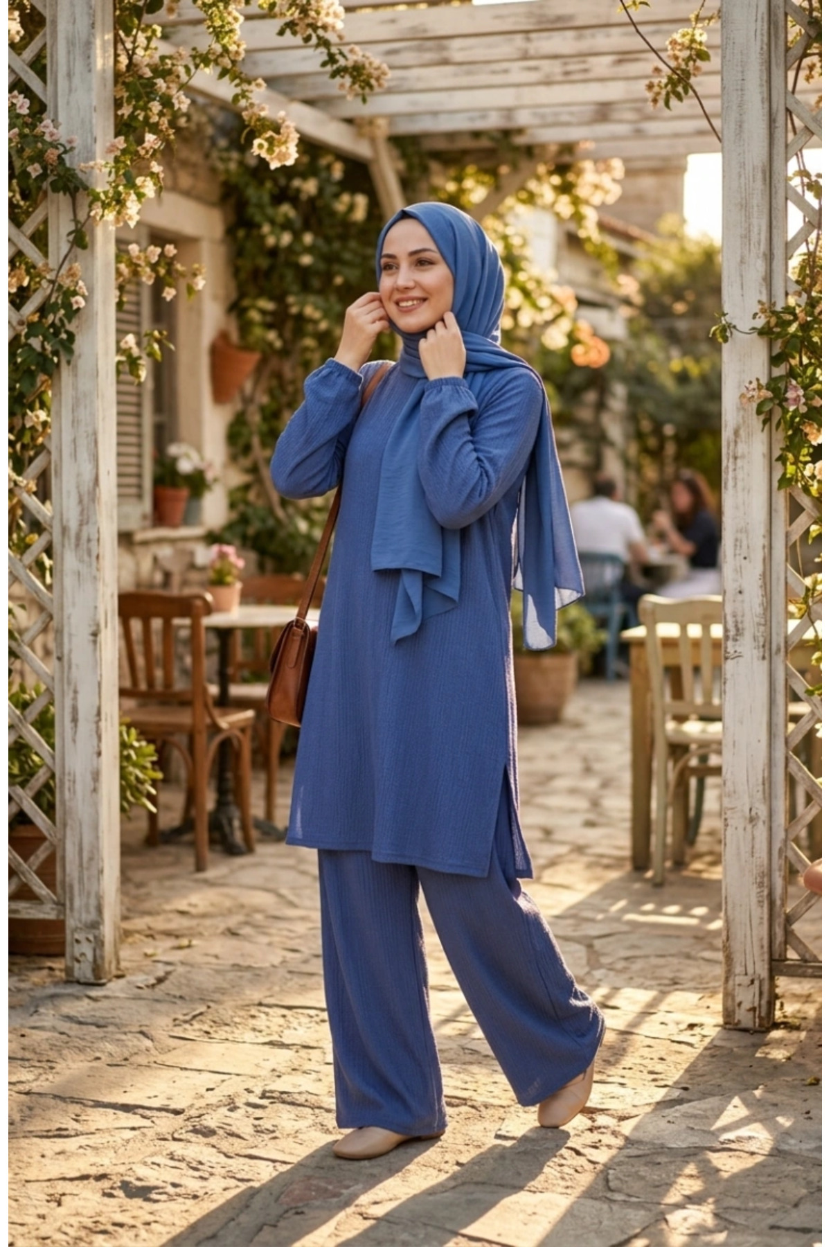 sefamerve Bürümcük Fabric Tunic Pants Hijab Double Set 0571-07 Indigo