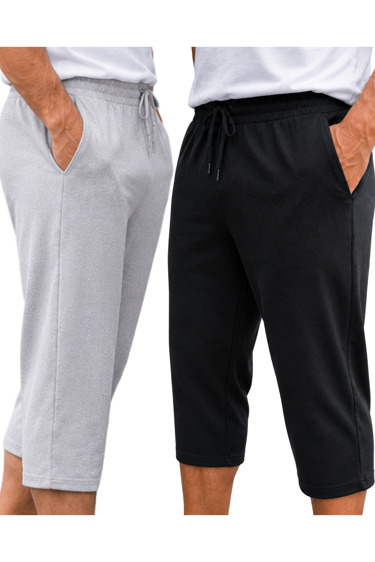 DEEPSENSE Men's Black Gray Below the Knee 2-Piece Long Capri Set Shorts Comfortable Fit Lace-Up Pocketed Casual Summer Bermuda
