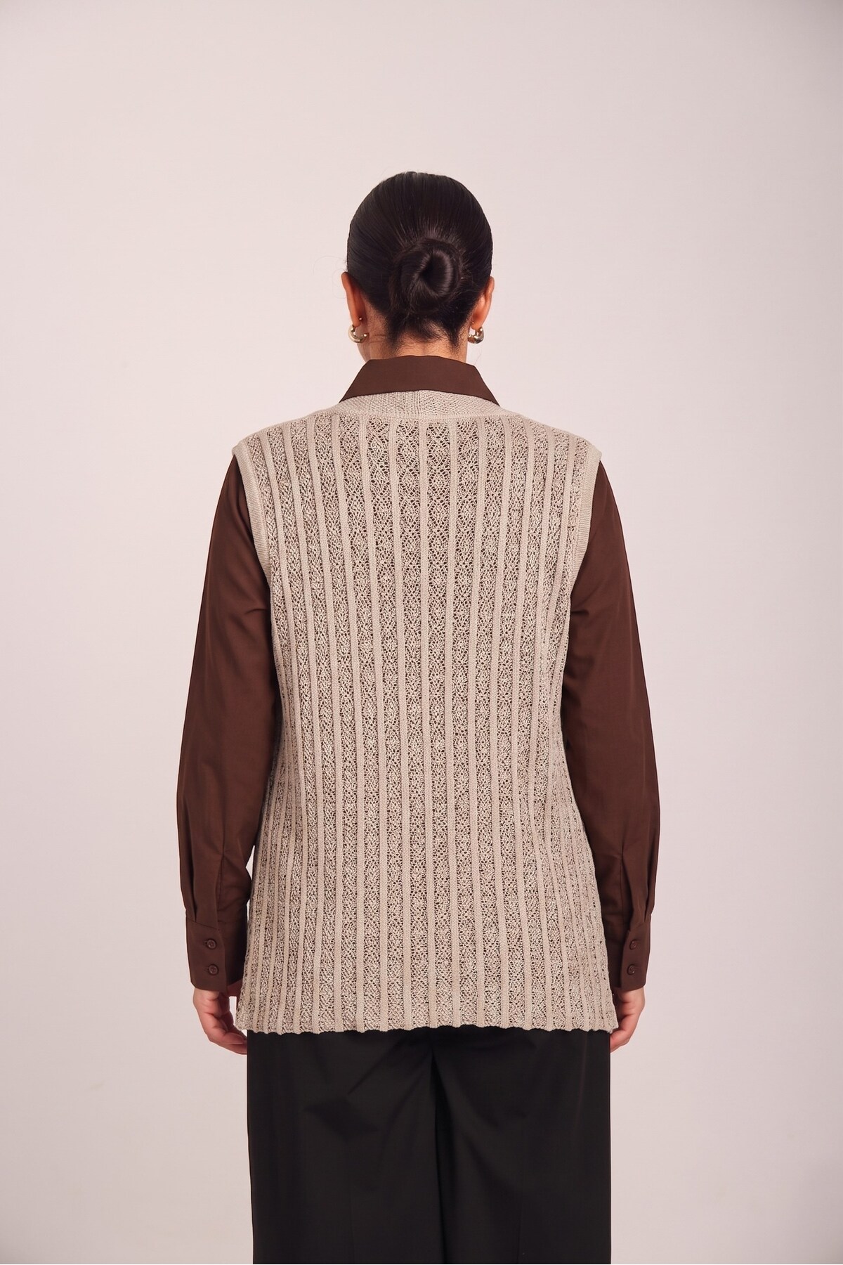 Uludağ Triko Women's Sand Knitwear Openwork Woven Seasonal Vest