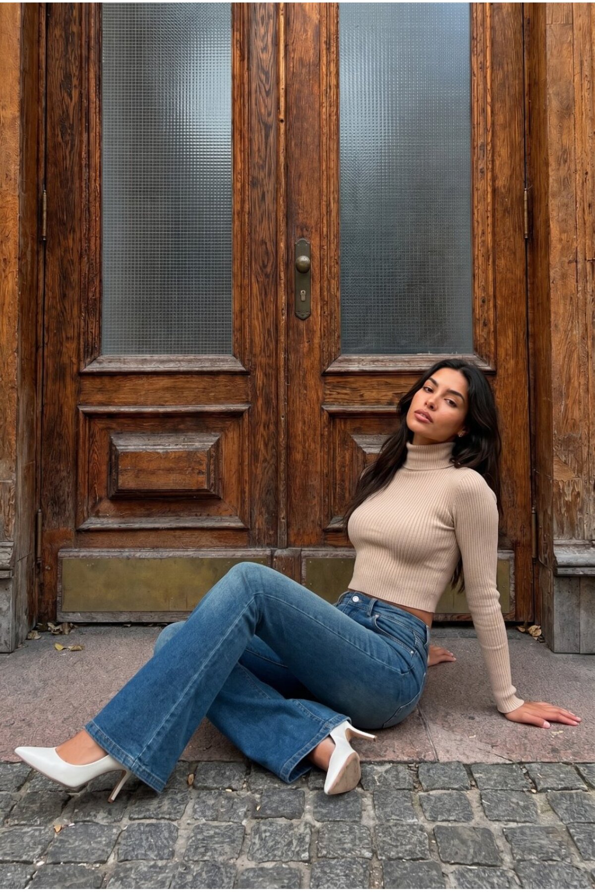 Yüksek Bel Esnek/Likralı Çan Paça Jeans Koyu Mavi 7