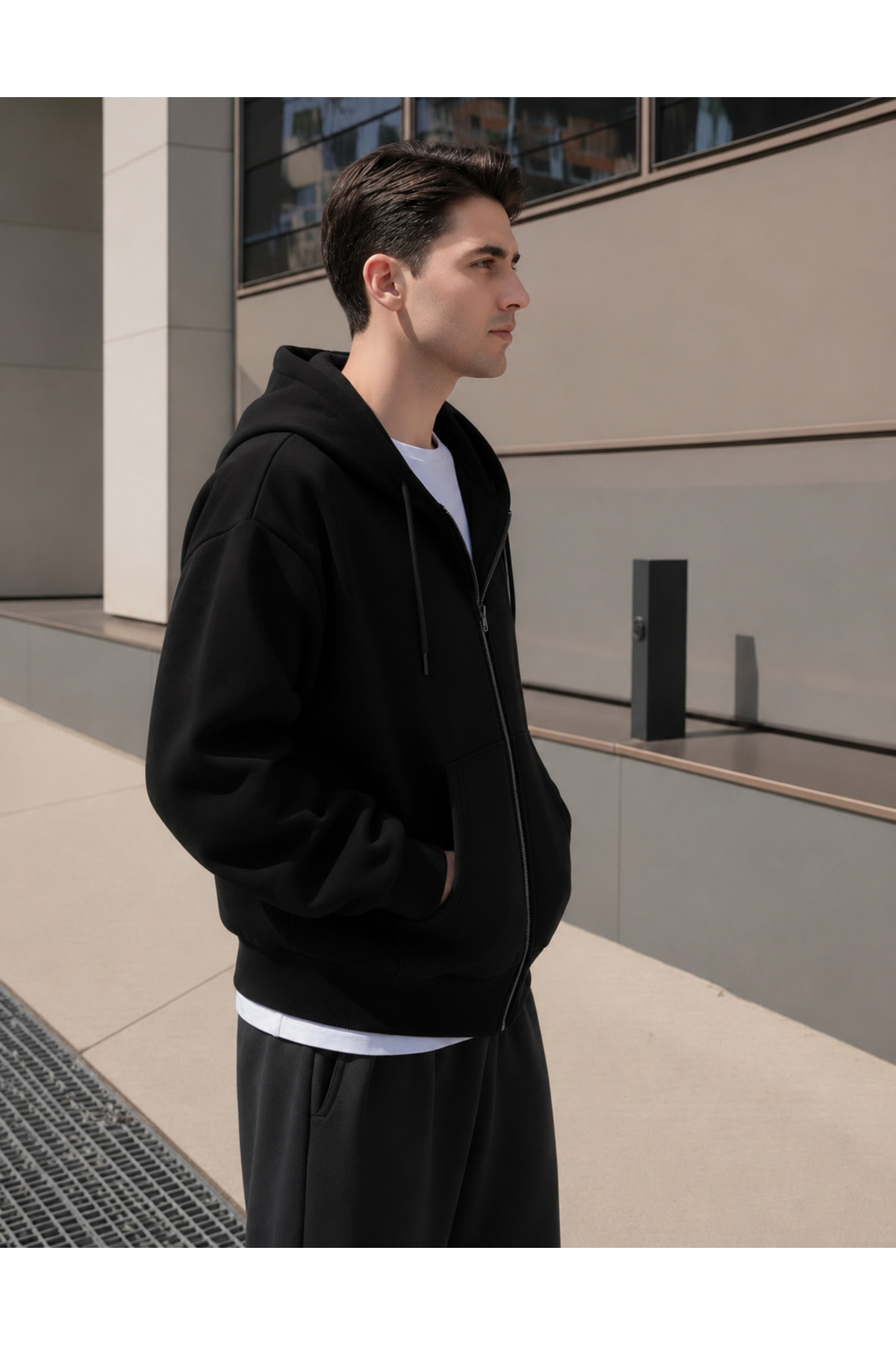 YAKAMEL ERKEK 3 İPLİK FERMUARLI KAPÜŞONLU OVERSİZE RAHAT SWEATSHIRT HIRKA görsel 4