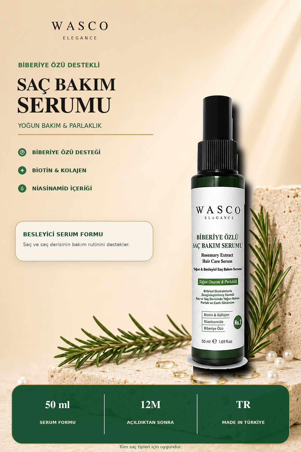 Biberiyeli Saç Bakım Serumu 50 ml | Biberiye, Kafein, Biotin ve Kolajen İçeren Besleyici Saç & Saç Derisi Bakımı — wascobiberiyeserum — تصویر 5 از 8