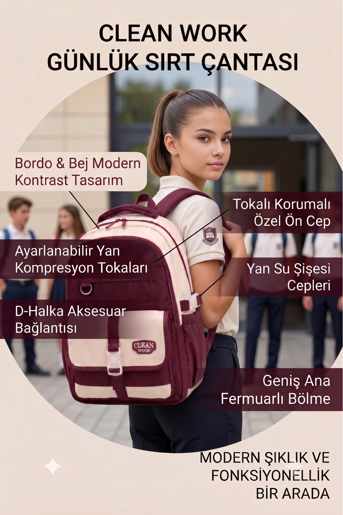 Royal Glow Suya Dayanıklı Saten Kumaş Unisex Çok Bölmeli Ortaokul,Lise Okul Sırt Seyahat Çantası görsel 2