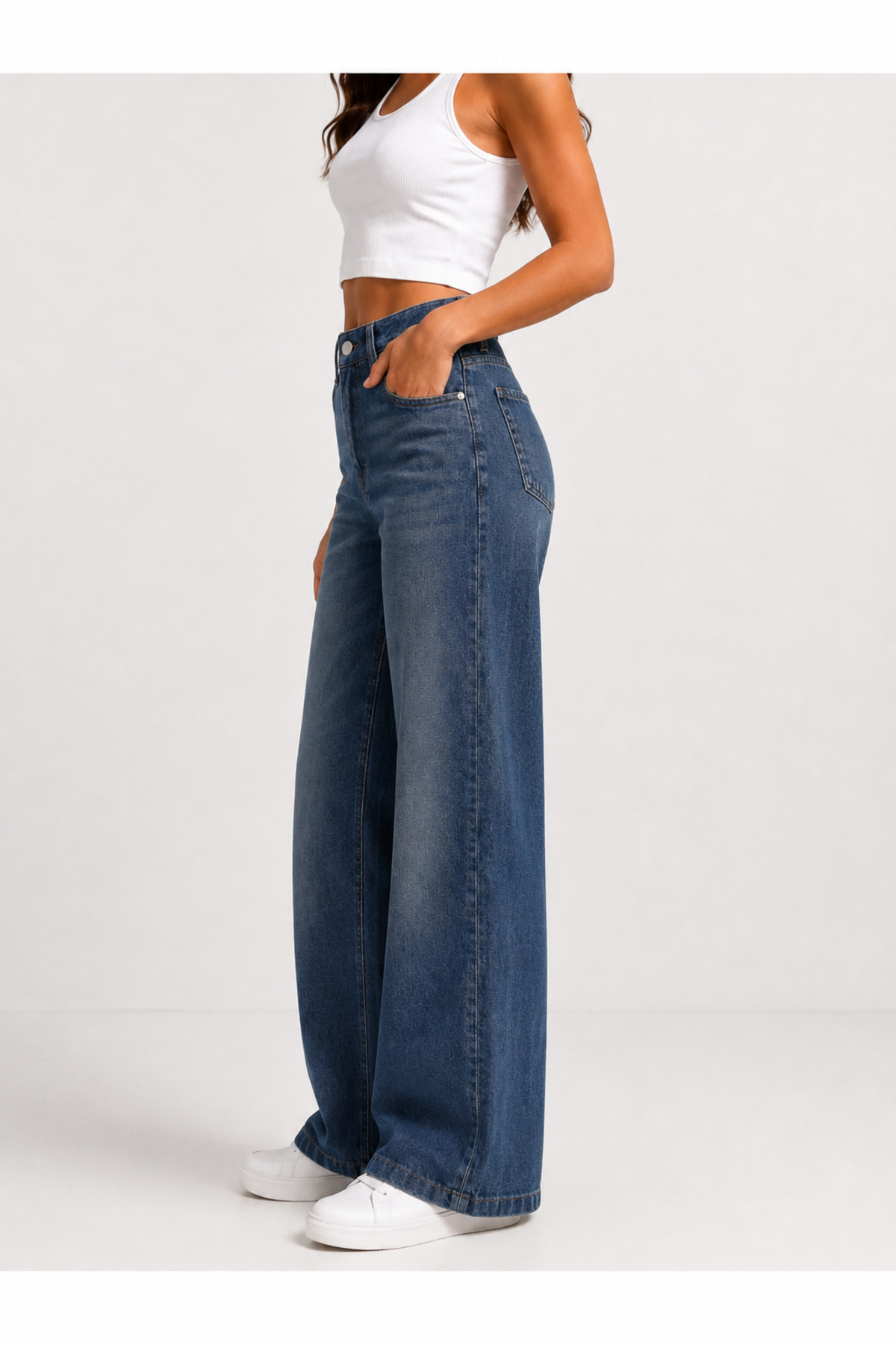 J&KSTORES Kadın Yüksek Bel Bol Paça Jean Kot Palazzo Pantolon görsel 4