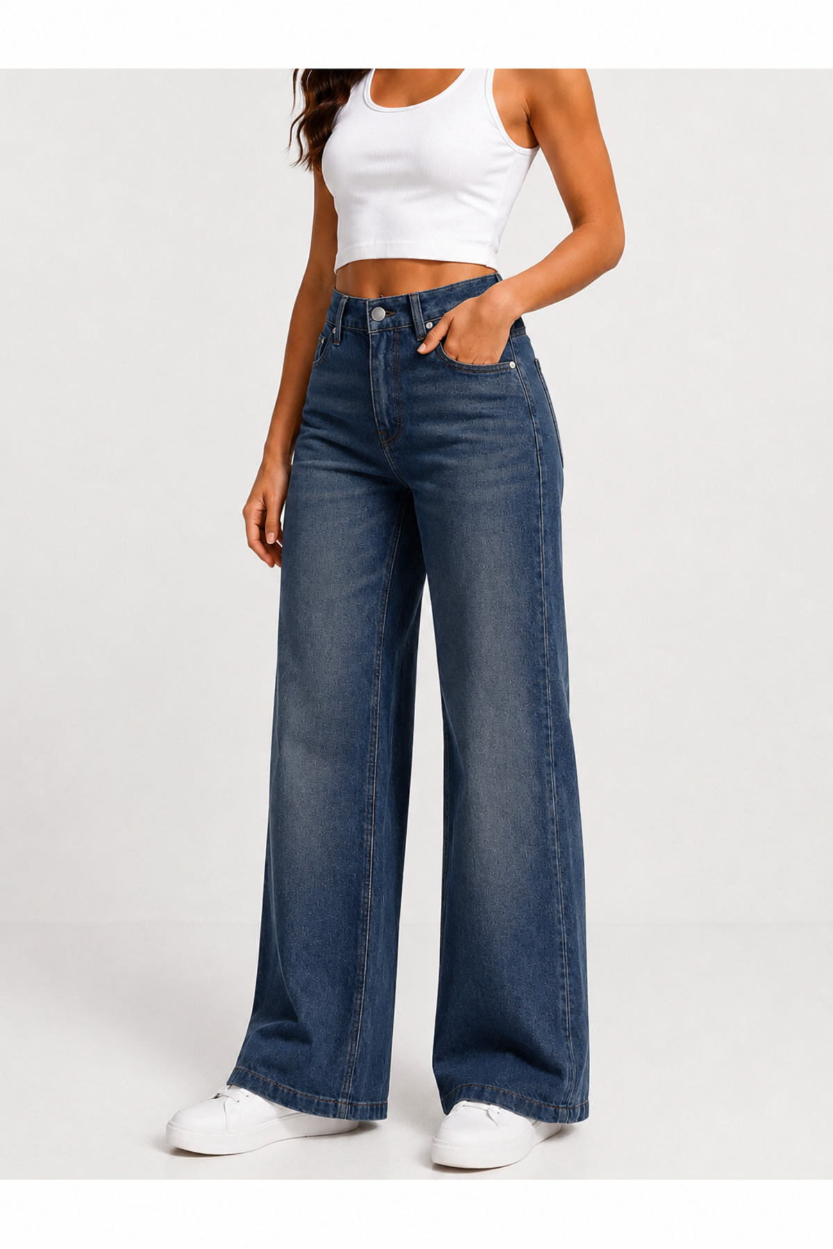 J&KSTORES Kadın Yüksek Bel Bol Paça Jean Kot Palazzo Pantolon görsel 3