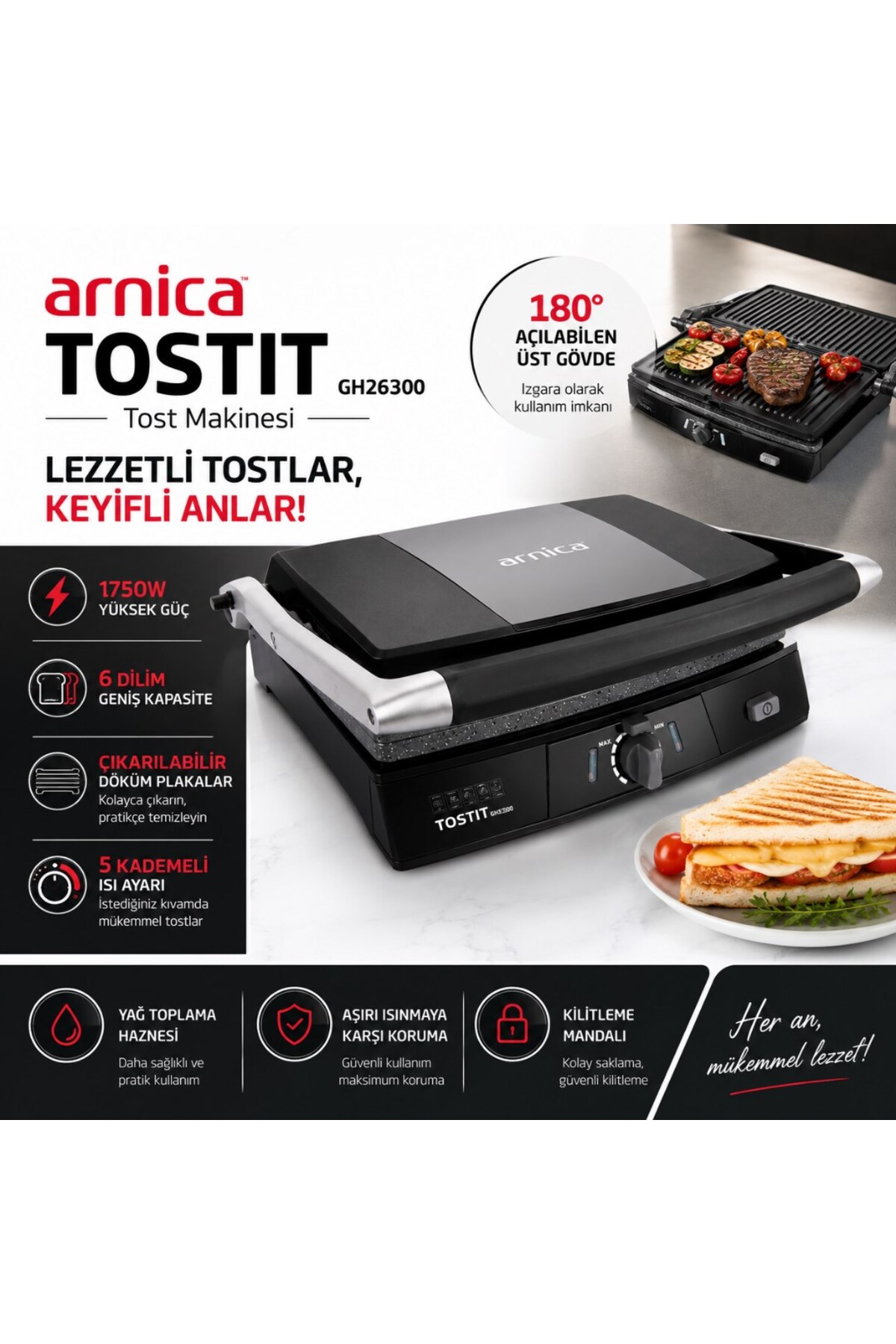 Arnica Tostit GH26300 1000 W Tost Makinesi – Çift Taraflı Çıkarılabilir Döküm Plaka, Inox Gövde, 6 Dilim Ka