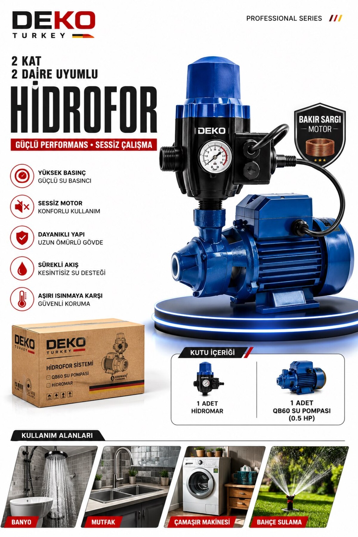 DEKO Turkey 0.5 HP Otomatik Hidrofor Seti – 2 Kat 2 Daire Uyumlu – Hidromatlı Su Pompası – Bakır Basınç Artırıcı