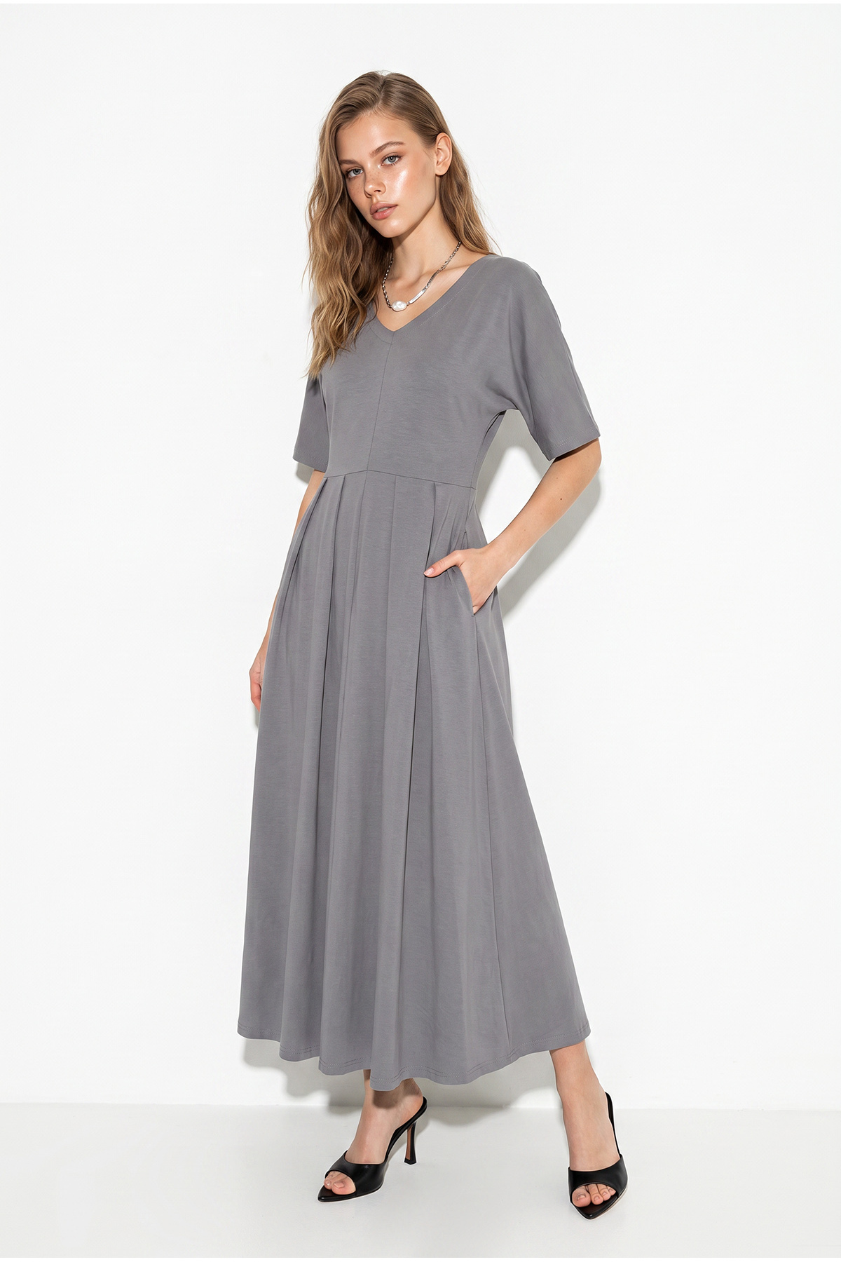 Bianco Lucci Women's V-Neck Back Tie Detailed Pocketed Short Sleeve Long Dress 60286445