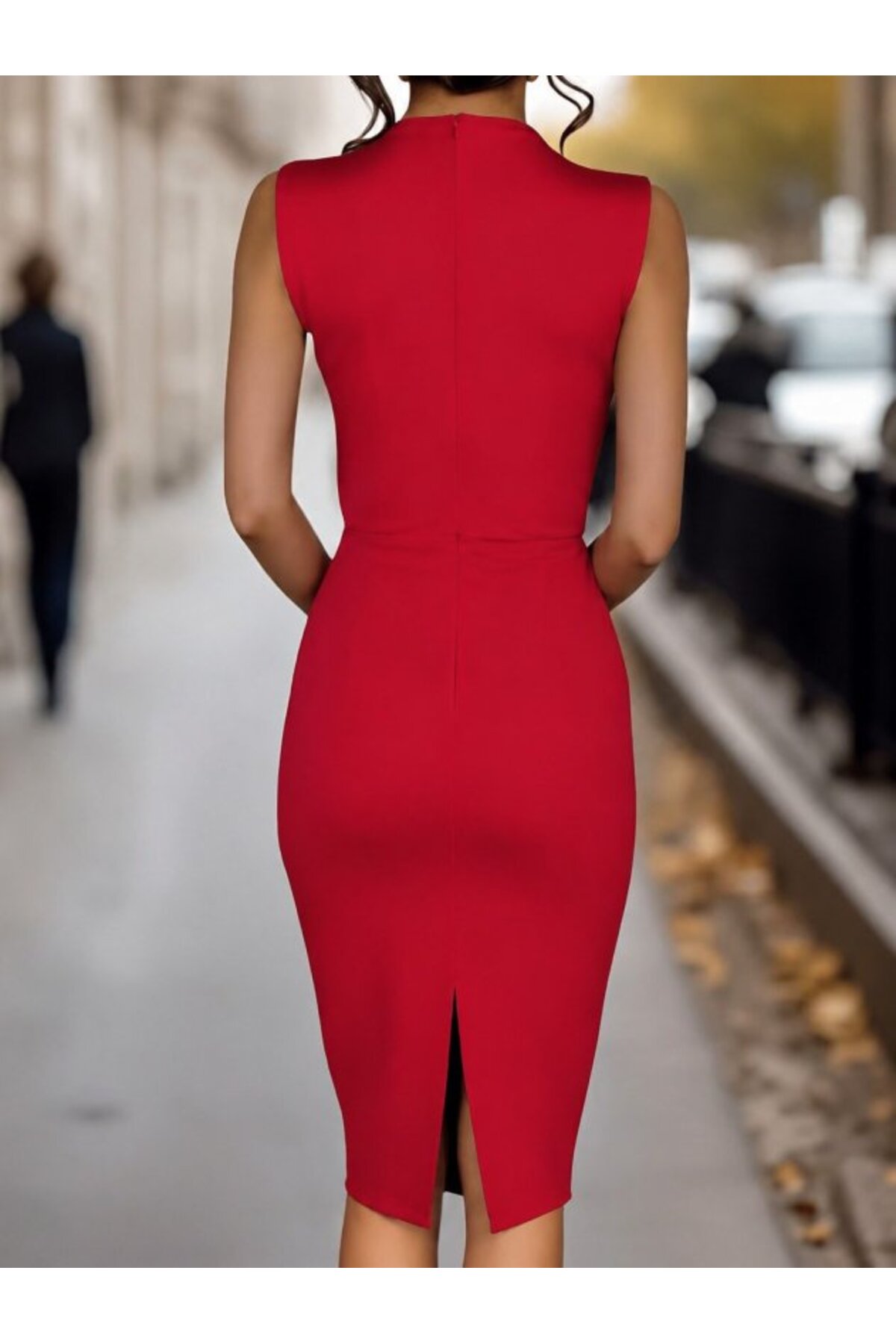 DRESSIFY WOMEN’S FASHION Kadın Kolsuz V Yakalı Düğmeli Kısa Atlas Elbise görsel 3