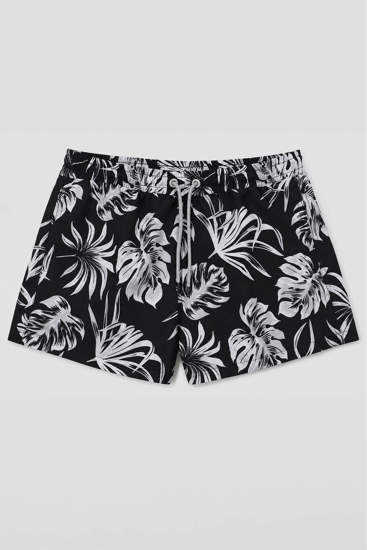MARKAPIA Men's Black Mesh Leaf Patterned Swim Shorts with Pockets
