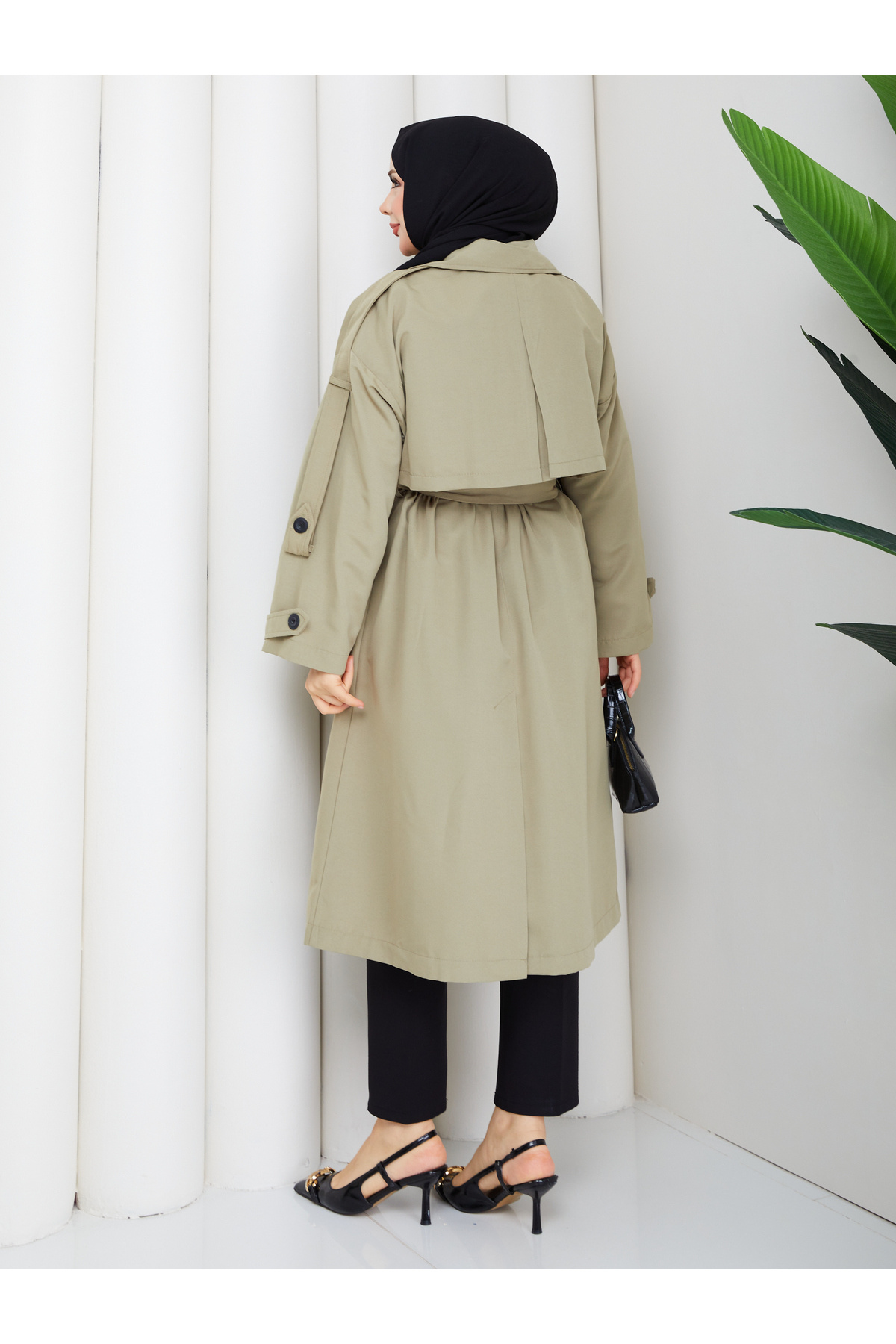 RACE FASHİON Kadın Oversize Düğmeli Tesettür Trençkot RC3111 görsel 3