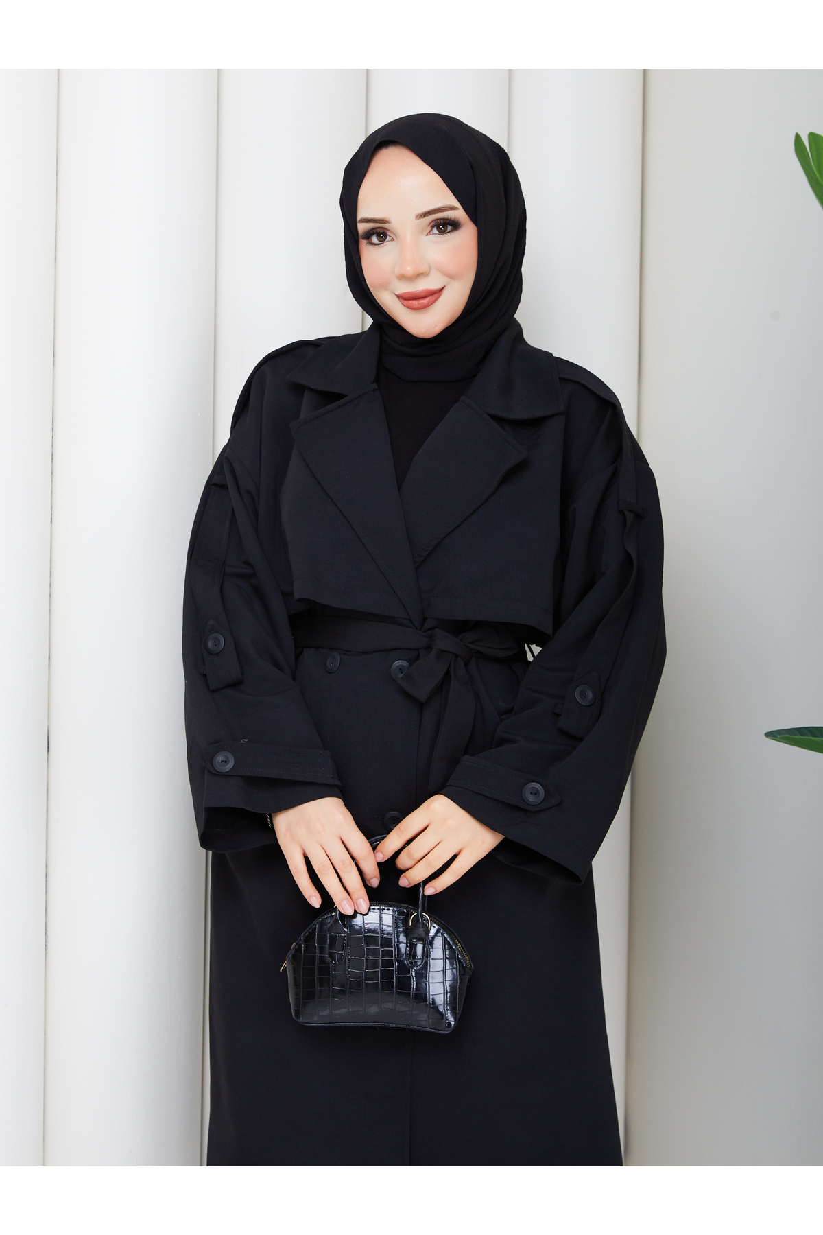 RACE FASHİON Kadın Oversize Düğmeli Tesettür Trençkot RC3111 görsel 7