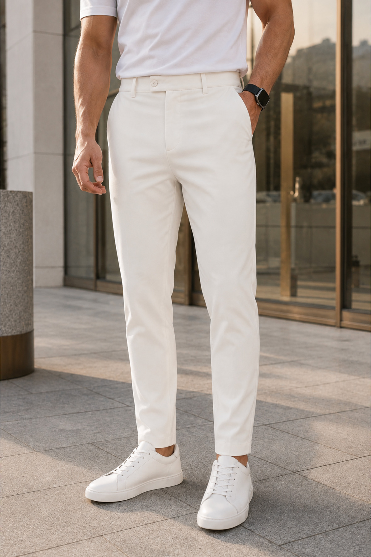 MODAMESTO Erkek Kırık Beyaz Slim Fit Likralı Yan Cep Bilek Boy Düz Kumaş Pantolon görsel 2