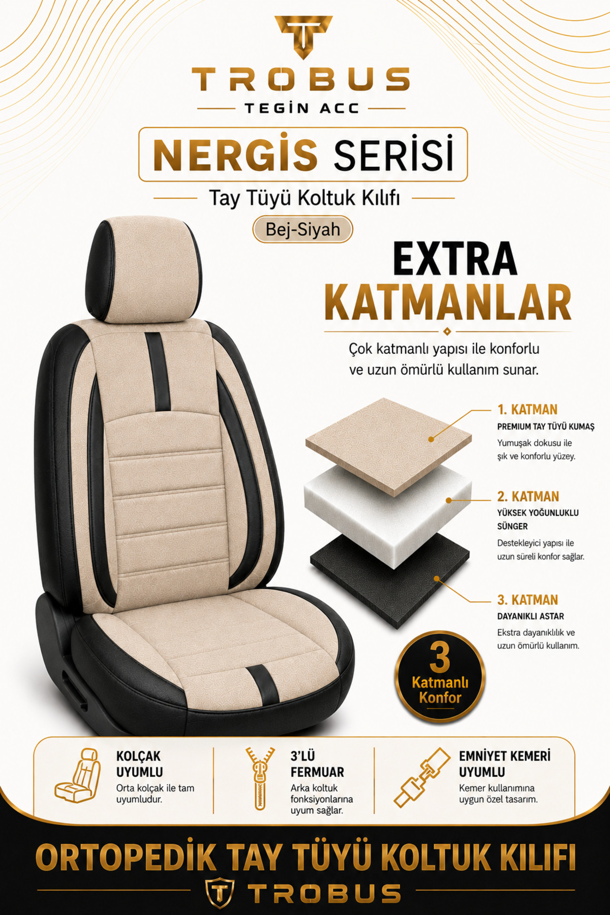 Ford B-Max 2012–2017 Uyumlu - Tay Tüyü Orta + Lacost Kenar, 8 mm Süngerli Oto Koltuk Kılıfı (2 cm Yan Destek) — alternatif görsel