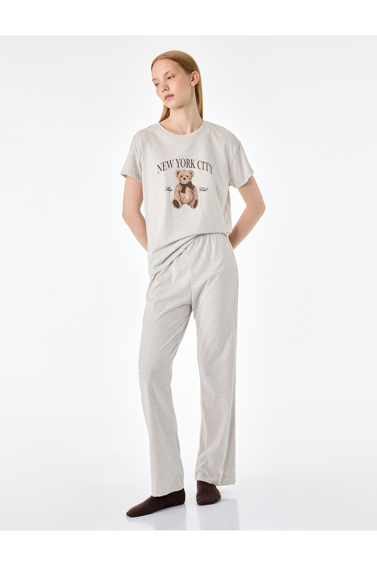 Koton Short Sleeve Crew Neck Teddy Bear Printed Pajama Set