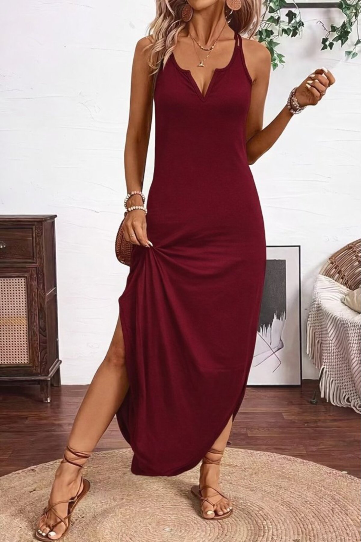 لباس زنانه بنددار یقه ویسکوز بلند با چاک پهلو 2