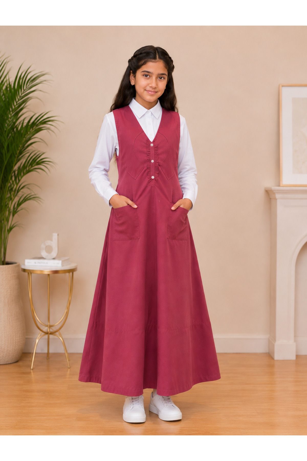 Girls' Primary School Apron in Flesh Color – V Model with Ruffles and Buttons with White Shirt