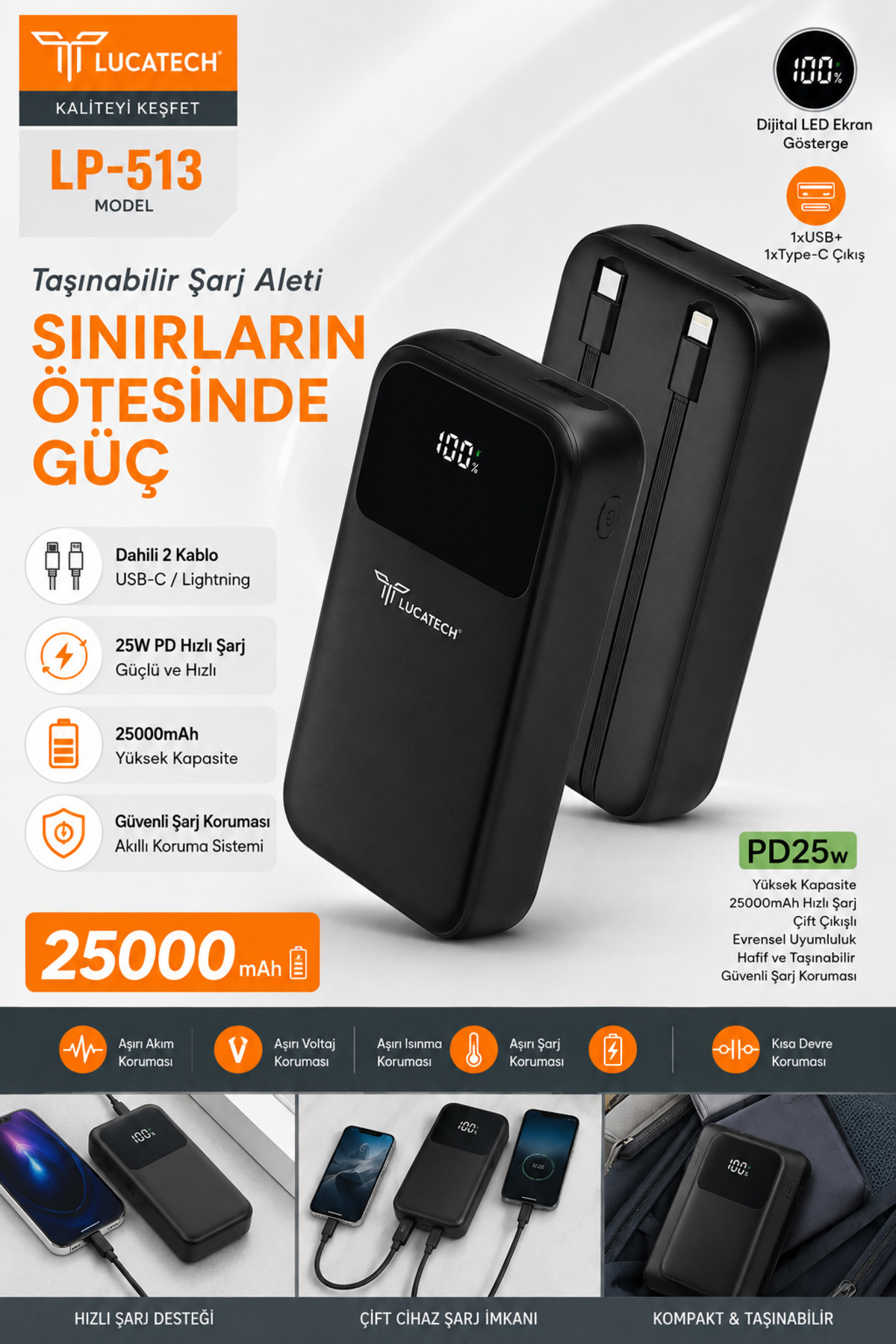 Genel Markalar Lucatech LP-513 25000mAh Powerbank 25W PD Hızlı