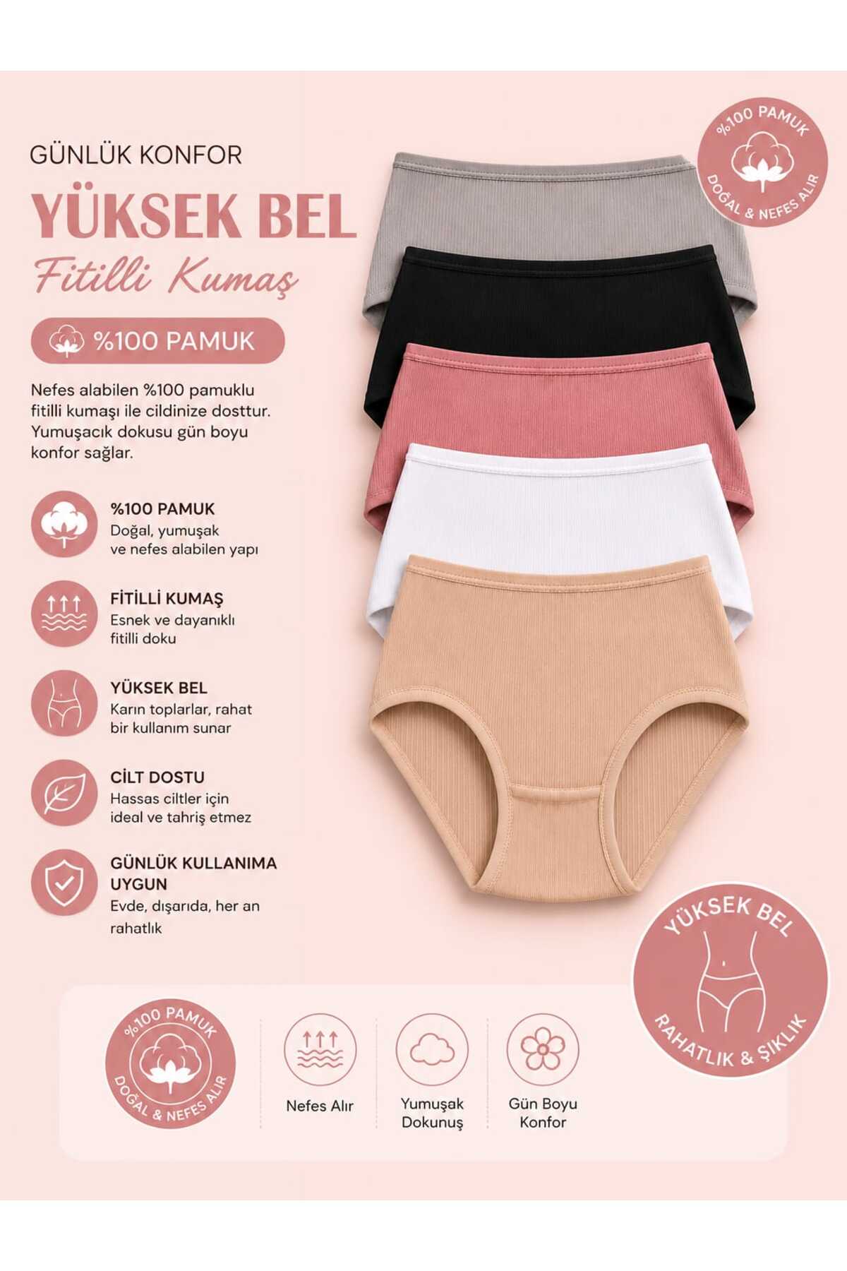 SOFENNA Yüksel Bel %100 Pamuk Fitilli 5li Külot görsel 2