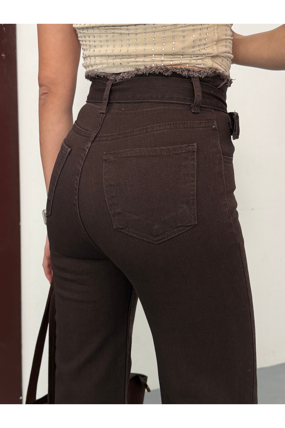 Genel Markalar Kadın Yüksek Bel Soluk Efekt Vintage Kemerli, Bel Püskül Paça Püskül Palazzo Jean görsel 4