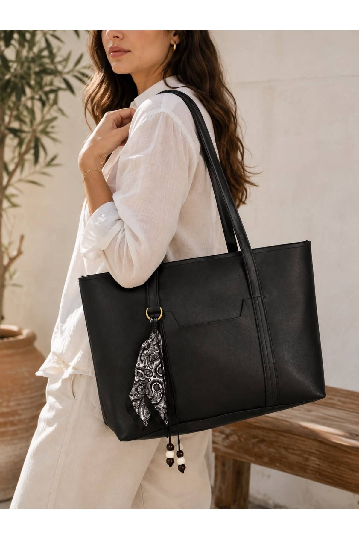 MENUSE ÇANTA Kadın fularlı Fermuarlı Shopper El Ve Omuz Çantası görsel 2
