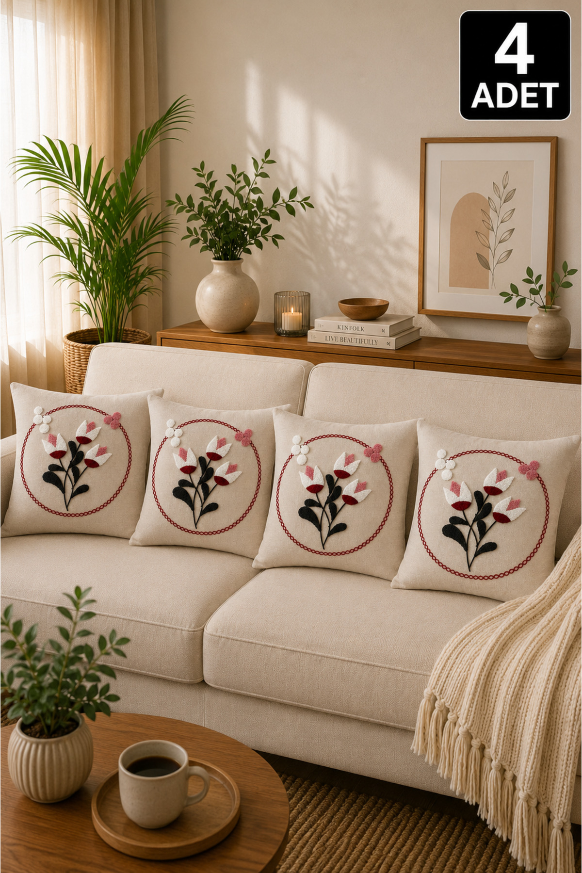 4’lü Punch Kırlent Kılıfı Seti – Aynı Renk ve Desen – Dekoratif Keten Kırlent 43x43 cm