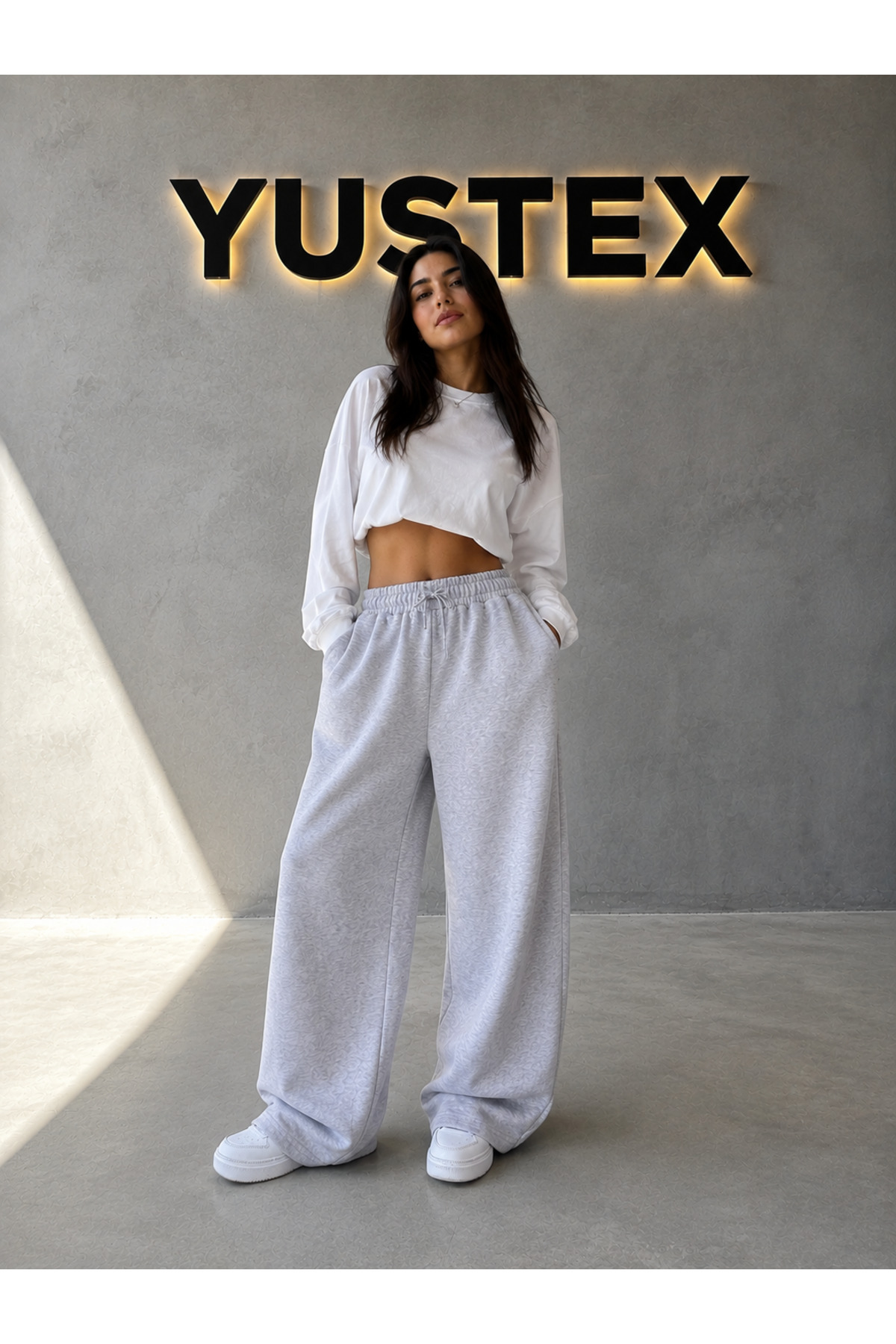 yx yustex sport 2'li Kadın Bol Paça Eşofman Altı (Siyah ve Gri) Rahat Kalıp Cepli Beli Bağcıklı görsel 3