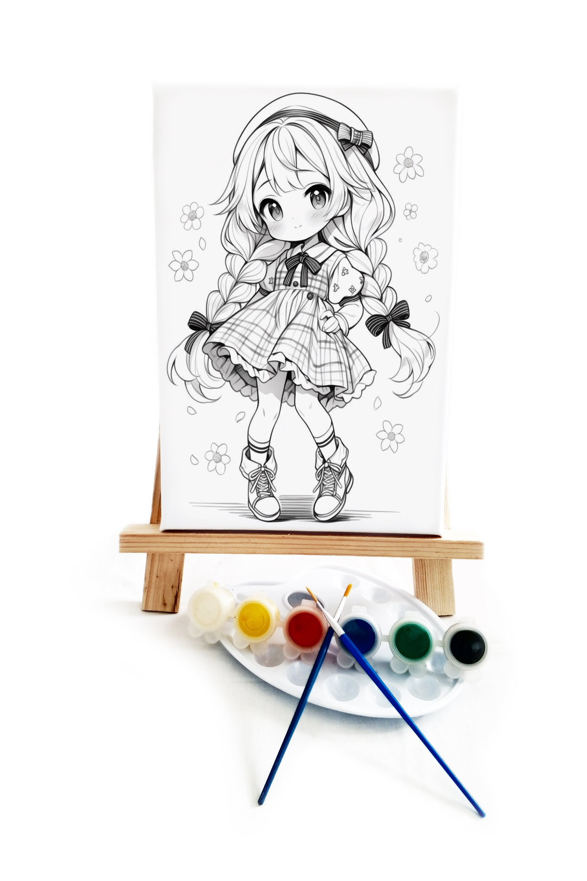 Anime Ekose Ressam Seti - 20 x 30 cm Önçizimli Tuval, 2 Adet Fırça, Palet, Boyalar ve Şövale
