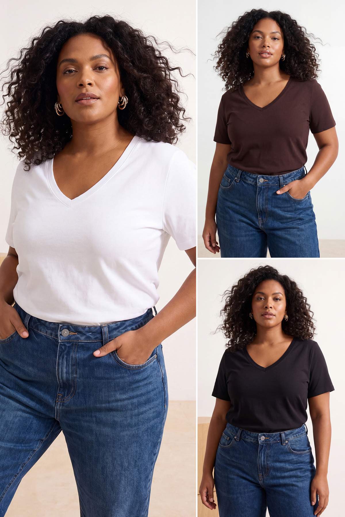 Trendyolmilla Curve Siyah-Beyaz- Kahverengi 3'lü Paket Regular Fit V Yaka Büyük Beden T-shirt TBBSS26BF00031