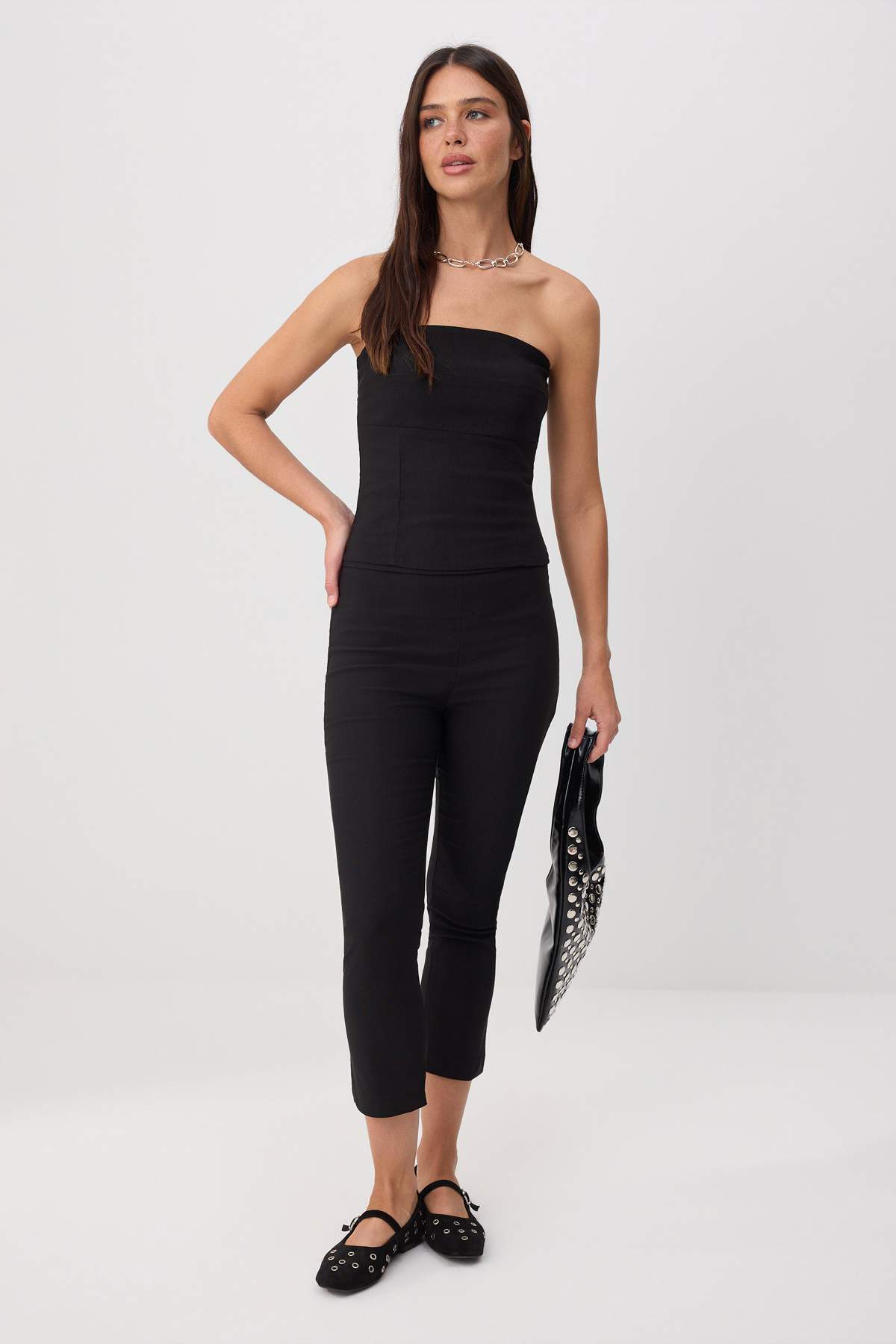 Trendyolmilla Siyah Esnek Kumaş Straplez Bluz Crop Flare Pantolon Dokuma Alt - Üst Takım TWOSS26AU00113