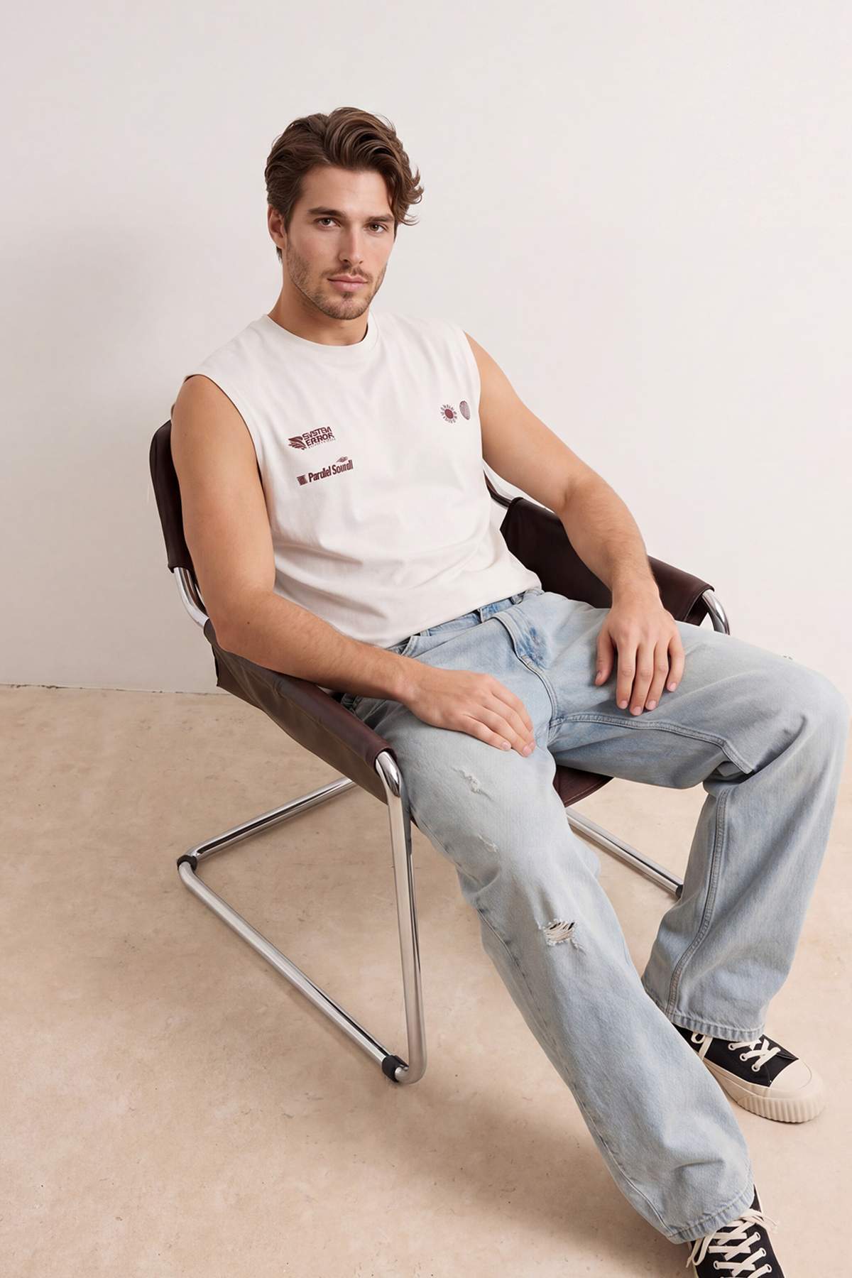 Trendyolmilla Man Ekru Oversize/Geniş Kesim Baskılı %100 Pamuk Atlet TMNSS26AL00004