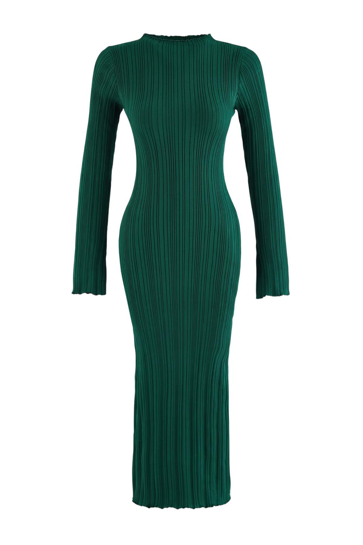 Trendyolmilla Zümrüt Yeşili Bodycone Midi Dik Yaka A-Line Triko Uzun Elbise TWOAW26EL00056