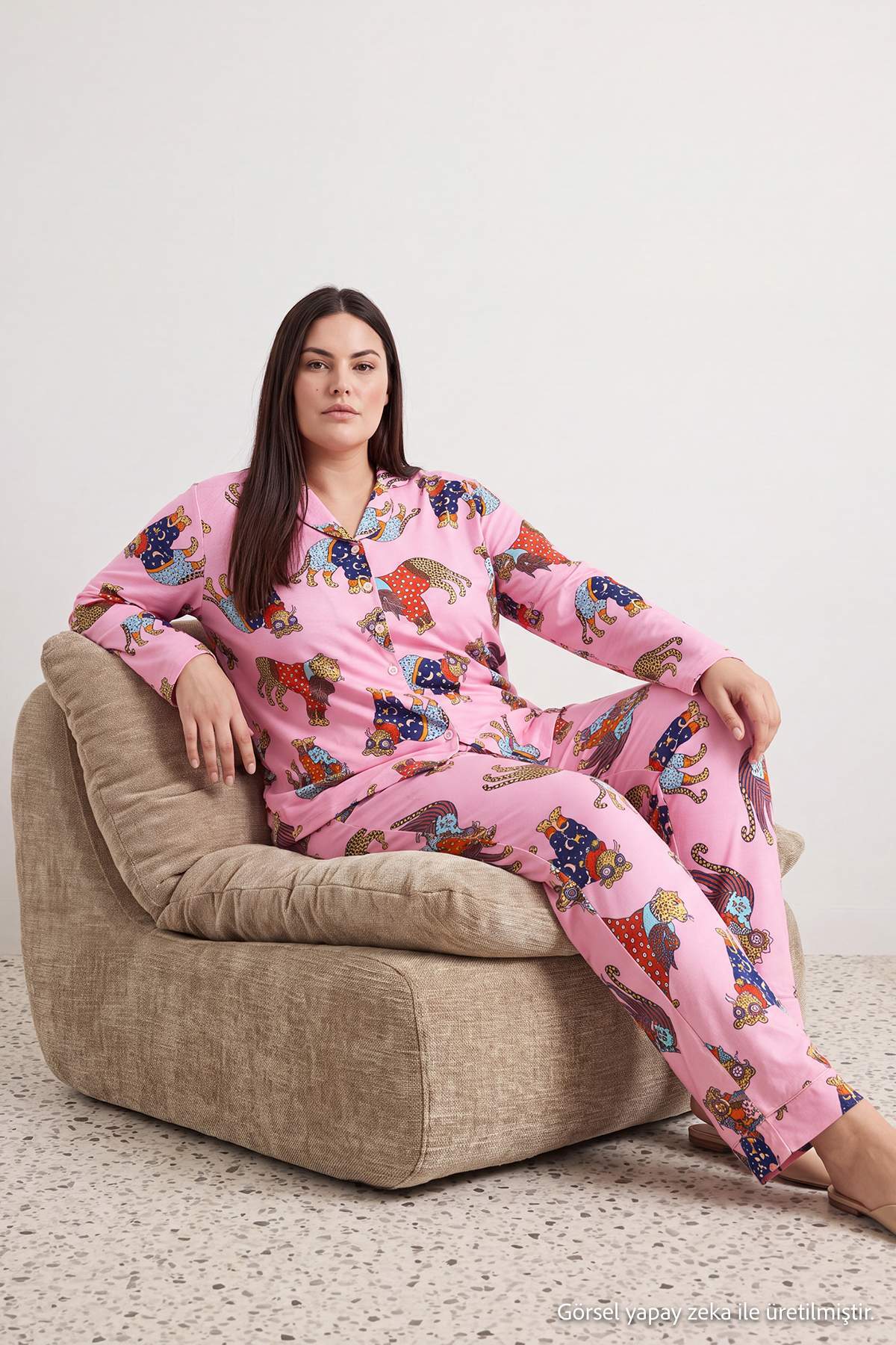 Trendyolmilla Curve Pembe Leopar Baskılı Gömlek Yaka Örme Büyük Beden Pijama Takımı TBBAW27AI00004