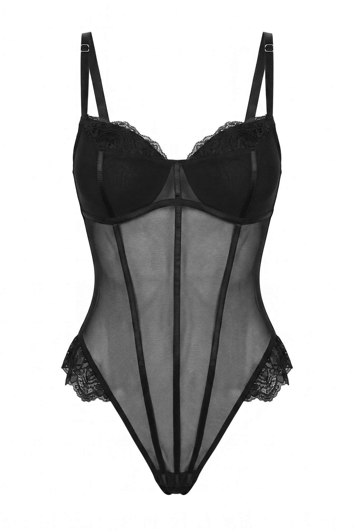 Trendyolmilla Siyah Tül Dantel Detaylı Kaplı İp Askılı Çıtçıtlı Örme Body THMAW27BD00008