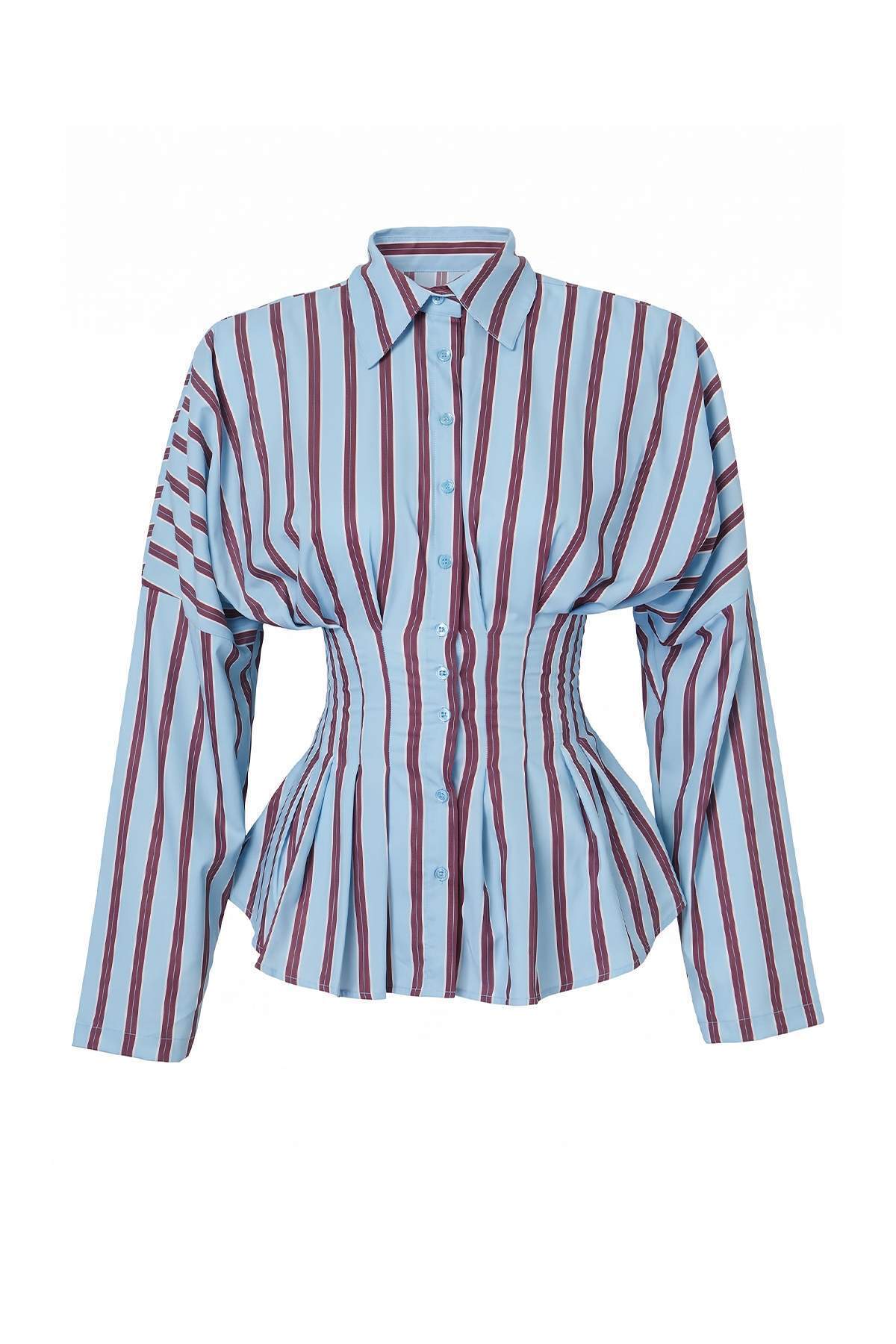 Trendyol Collection Dark Brown-Multicolor Striped Lycra Waist-Fitted Shirt Twoaw26Go00113