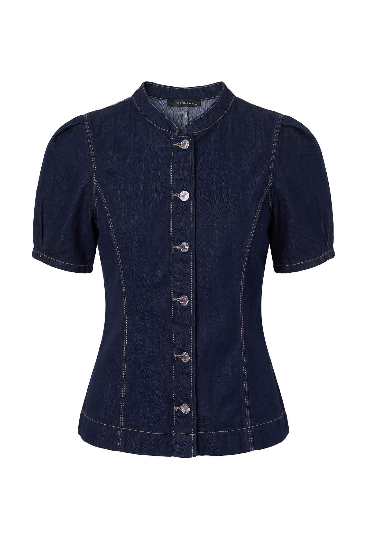 Trendyolmilla Koyu Mavi Balon Kol Düğme Detaylı Denim Gömlek TWOAW27GO00018