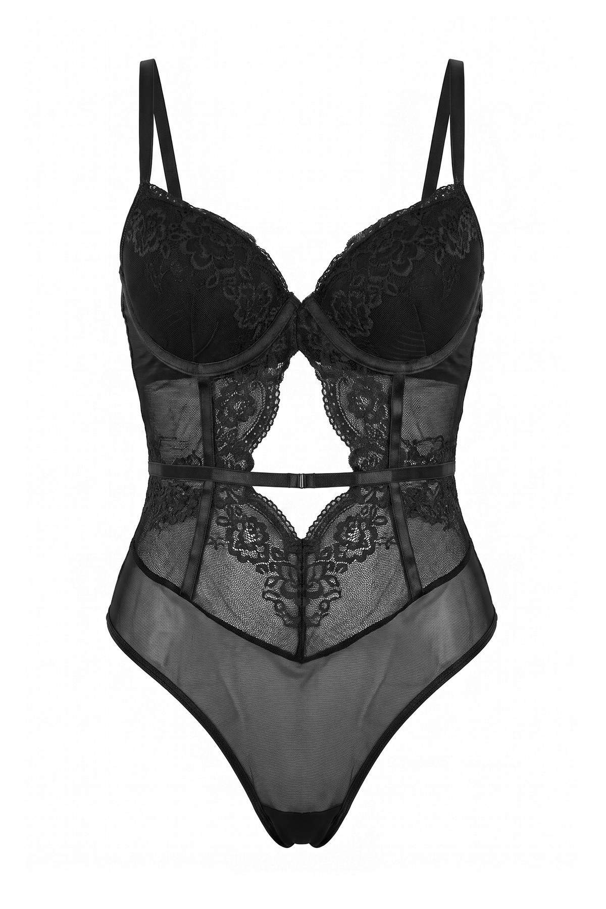 Trendyolmilla Siyah İnce Askılı Dantel Kaplı Örme Body THMAW27BD00005