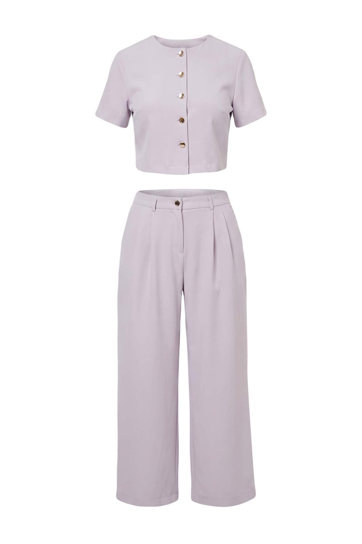 Trendyolmilla Lila Kısa Kol Ceket Wide Leg Pantolon Dokuma Alt - Üst Takım TWOAW27AU00021
