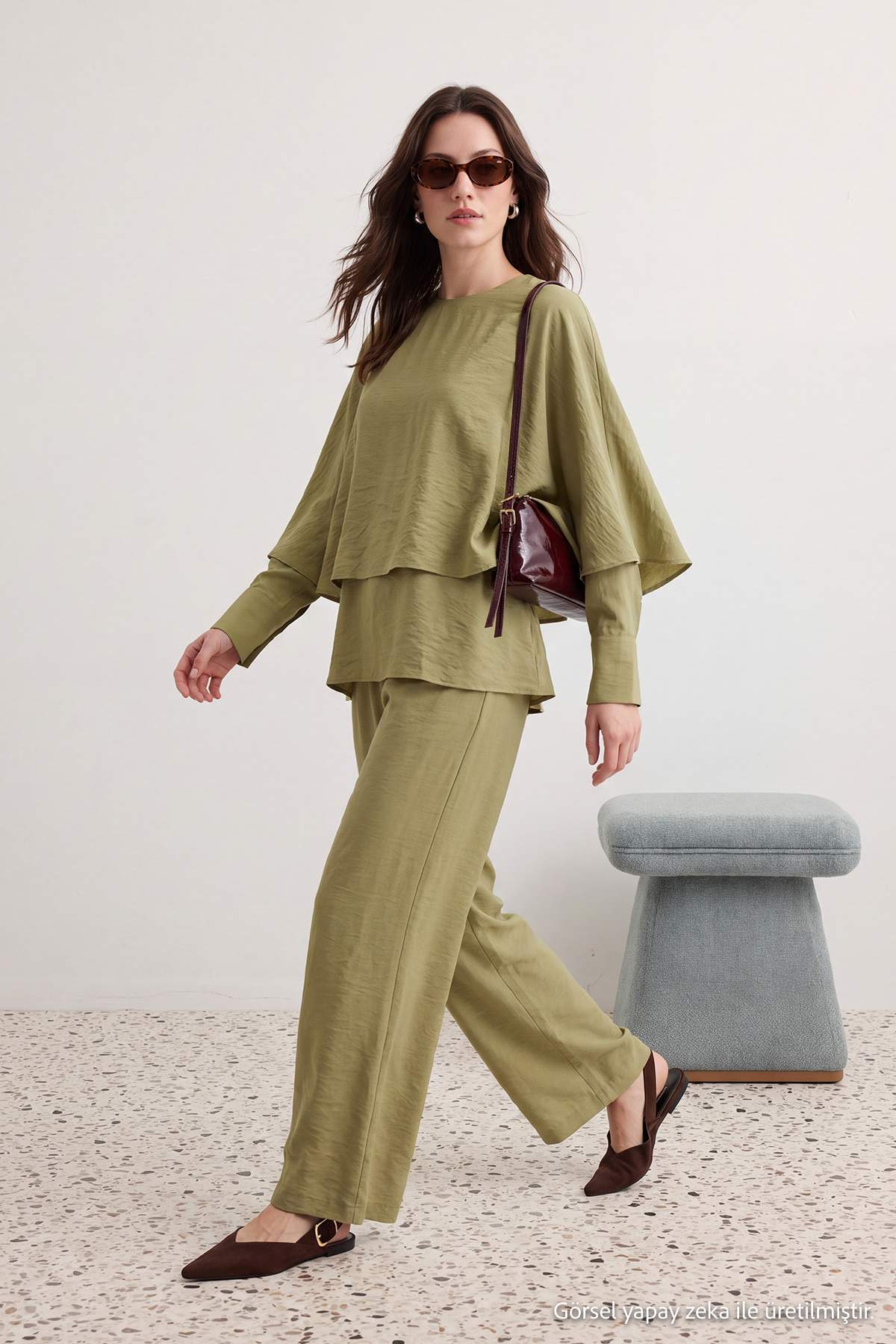 Trendyolmilla Modest Açık Haki Dökümlü Bluz Pantolon Dokuma Alt - Üst Takım TCTAW27US00016