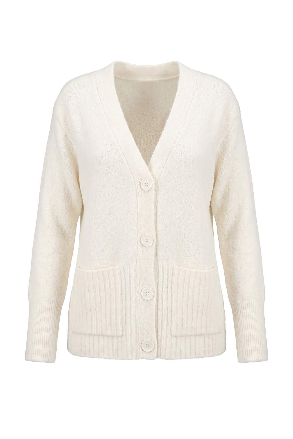 Trendyolmilla Wardrobe Essentials Ekru Yumuşak Dokulu Basic Geniş Kalıp Özel Kalite Triko Hırka TWOAW27HI00090