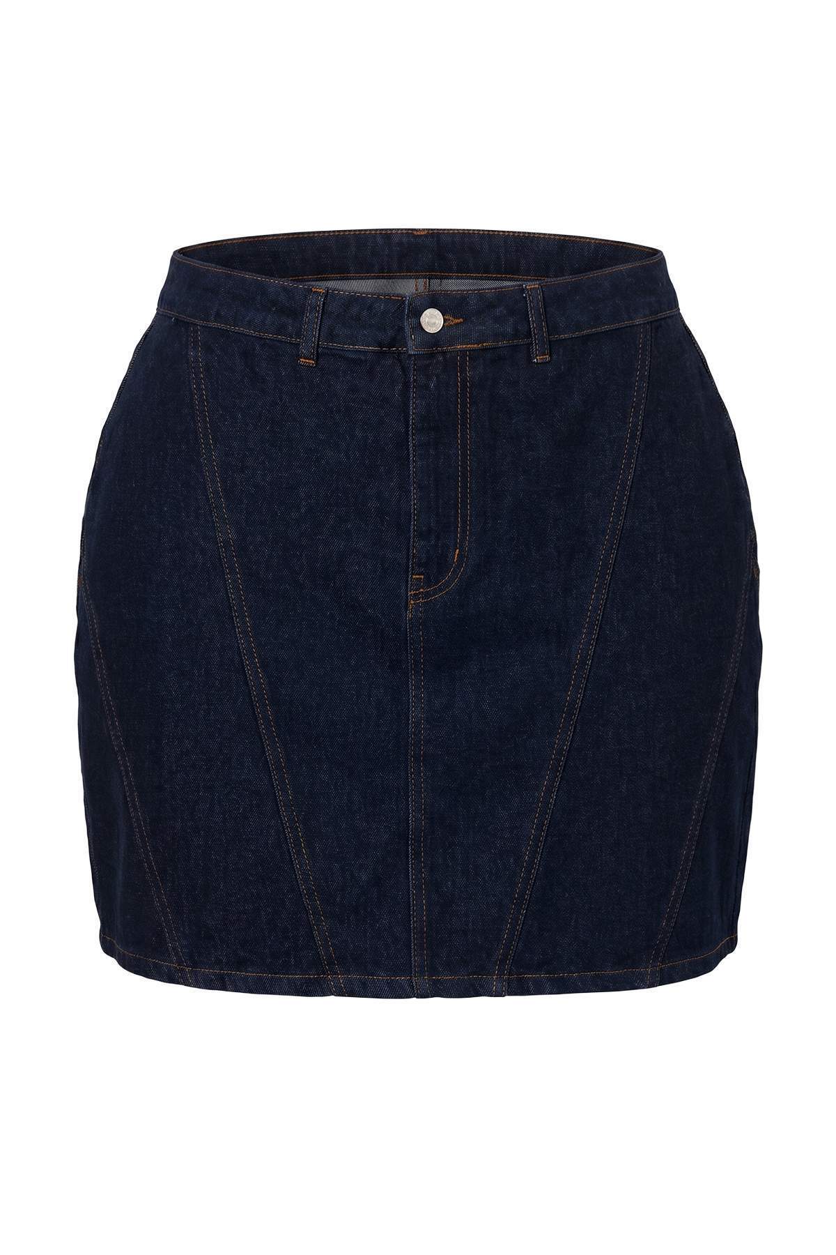 Trendyolmilla Curve More Sustainable Koyu Mavi*001 Dikiş Detaylı %100 Pamuk Non-Stretch Mini Denim Etek TBBAW26AZ00037
