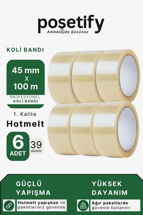 POŞETİFY 45 mm x 100 Metre Hotmelt Koli Bandı | 1. Kalite | Güçlü Şeffaf Pake...
