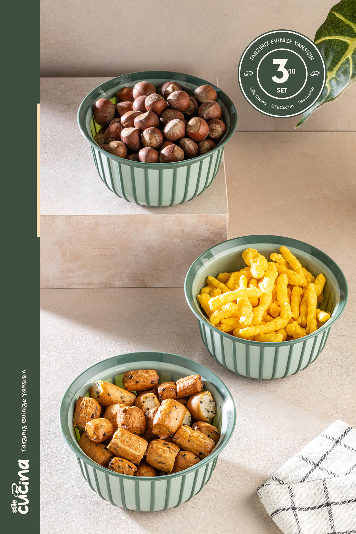 Linea 3-Piece Practical Snack Bowl Green 500 Ml