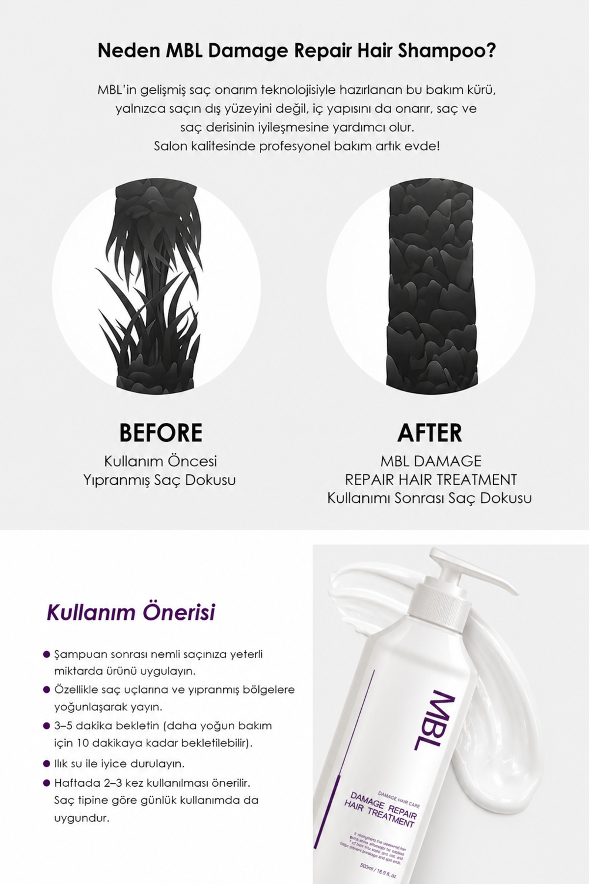 MBL Saç Onarıcı Maske – Kırılma Karşıtı, Nemlendirici, Güçlendirici Bakım 500ML — 8809751760292 — تصویر 6 از 7