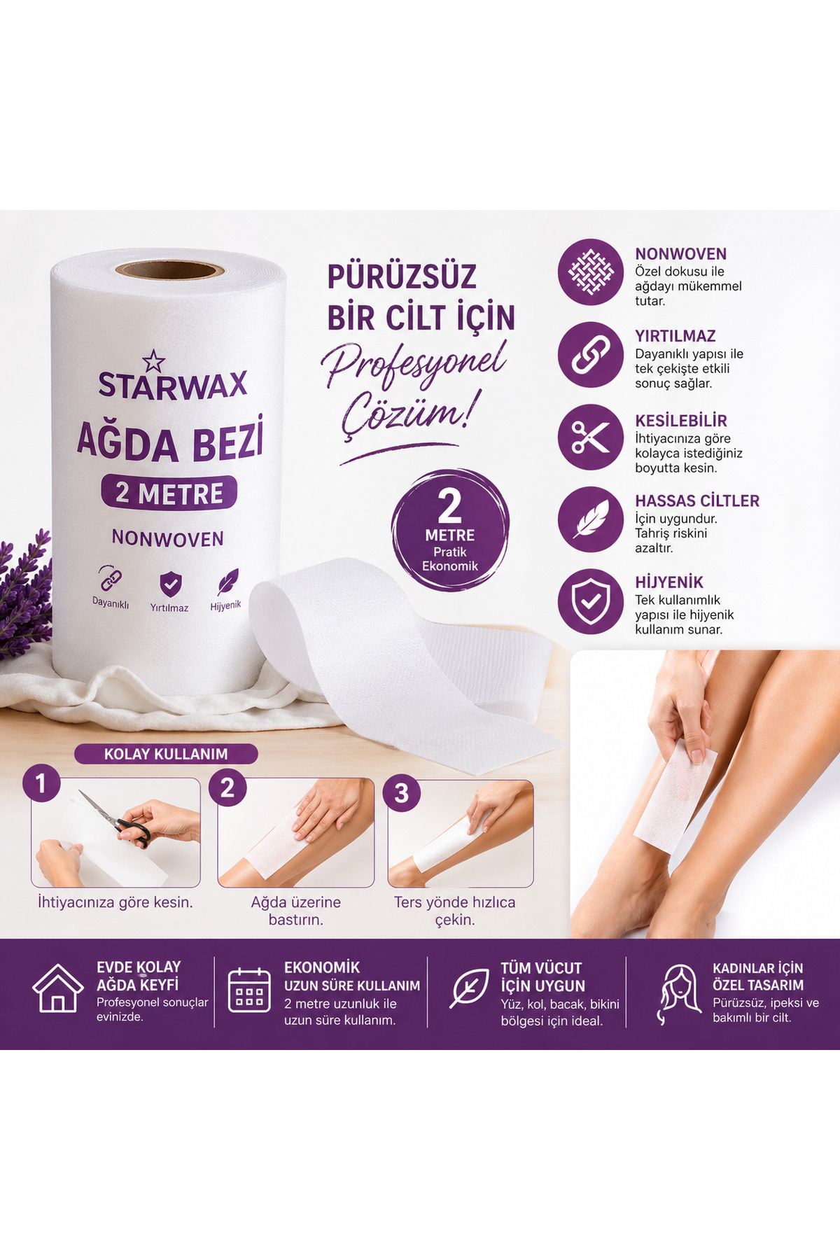 Ağda Bezi 2 Metre Nonwoven | Kopmaz Dayanıklı Sir Ağda Bezi — KAR37KOZ — تصویر 4 از 4