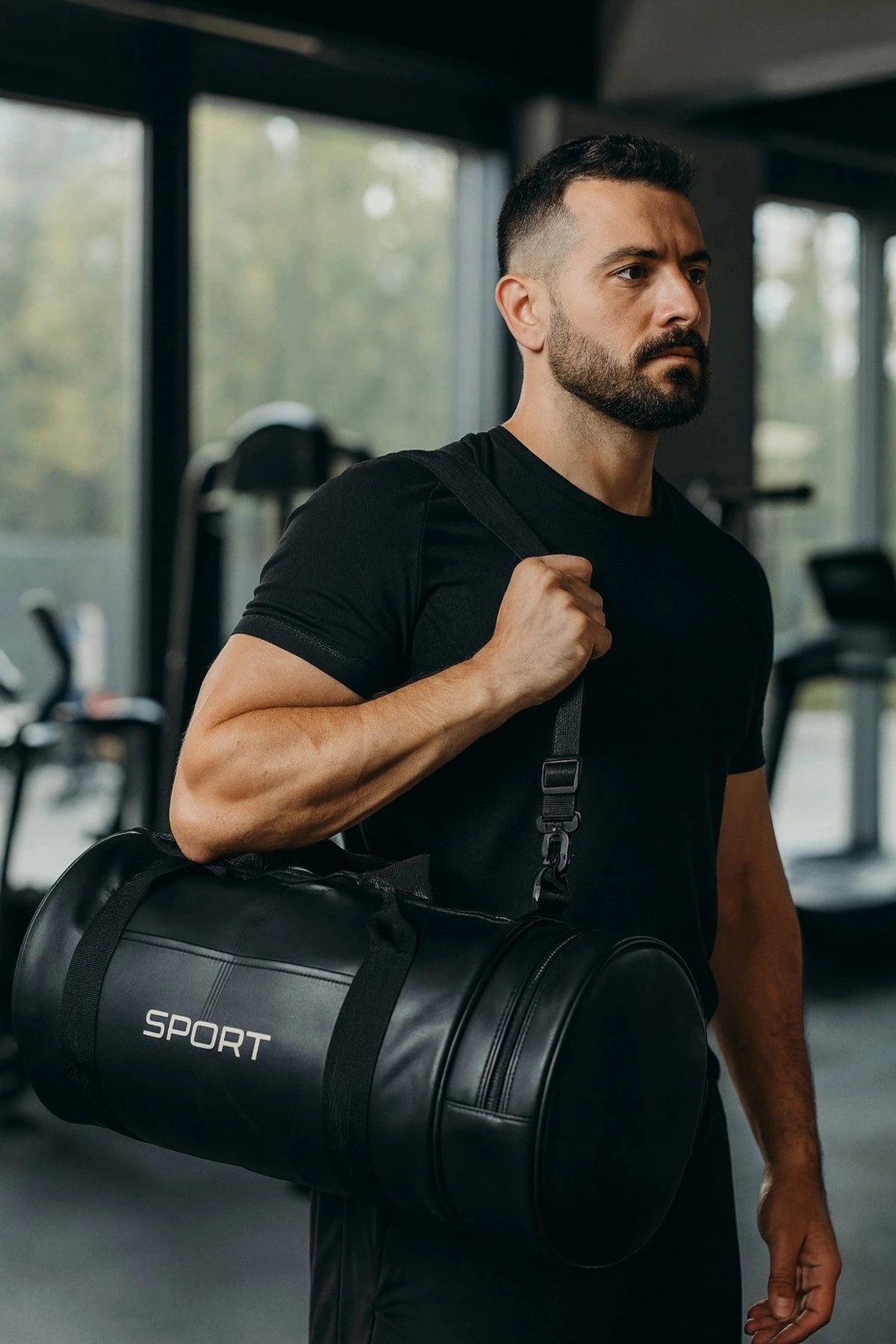LUGMO Suni Deri Unisex Askılı Silindir Spor Çantası Fitness Çantası